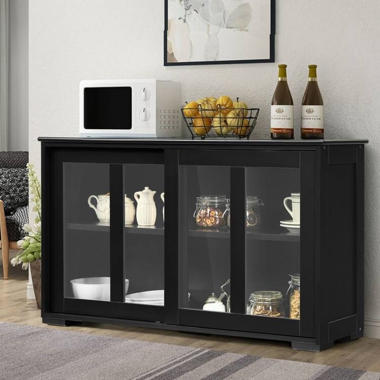 Wood Buffet Sideboard Cabinet with Glass Sliding Doors and 2 Storage Shelves for Kitchen or Dining