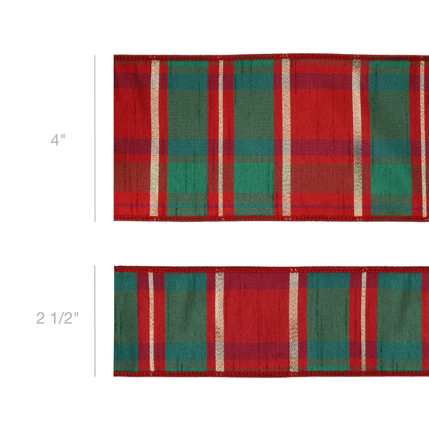 LaRibbons 4&#x22; - 2 1/2&#x22; Wired Dupioni Ribbon | Red/Green/Gold Plaid Check | 10 Yard Roll