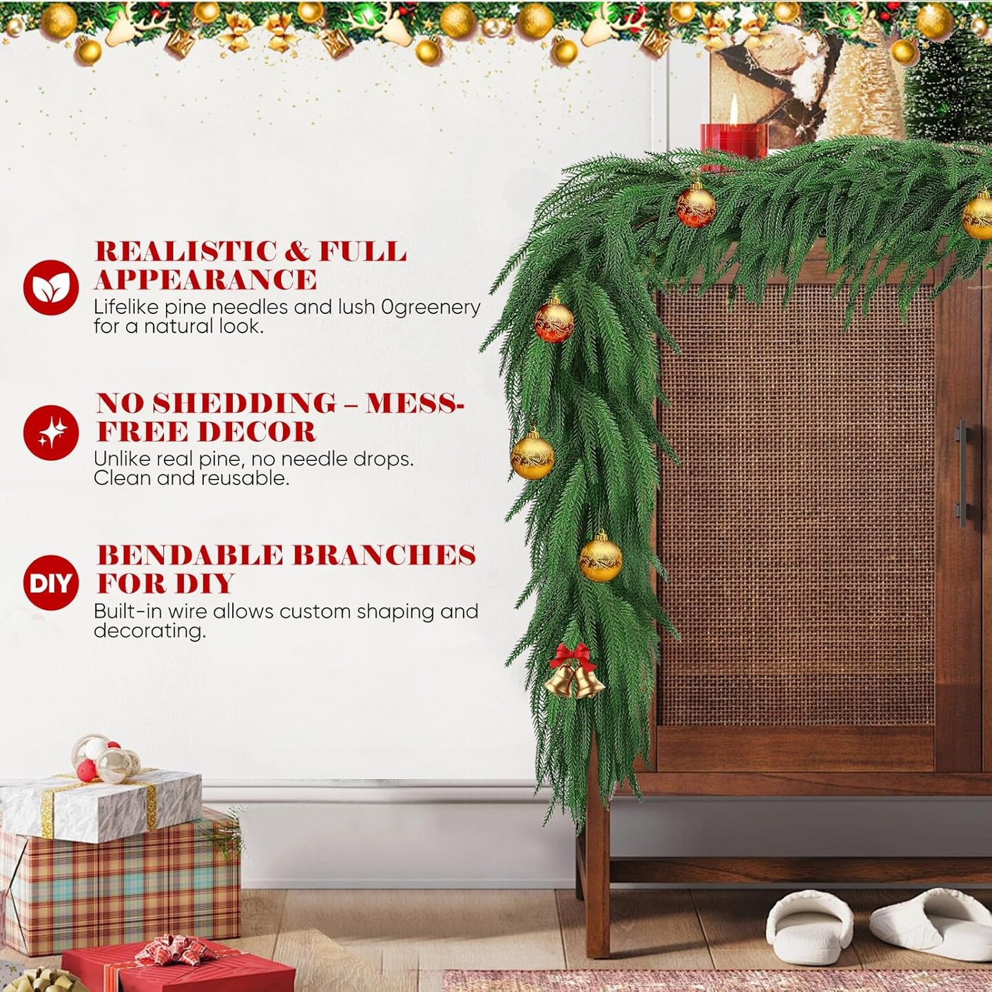 2PCS 6FT Real Touch Norfolk Pine Garland with 80 Branches (Green)