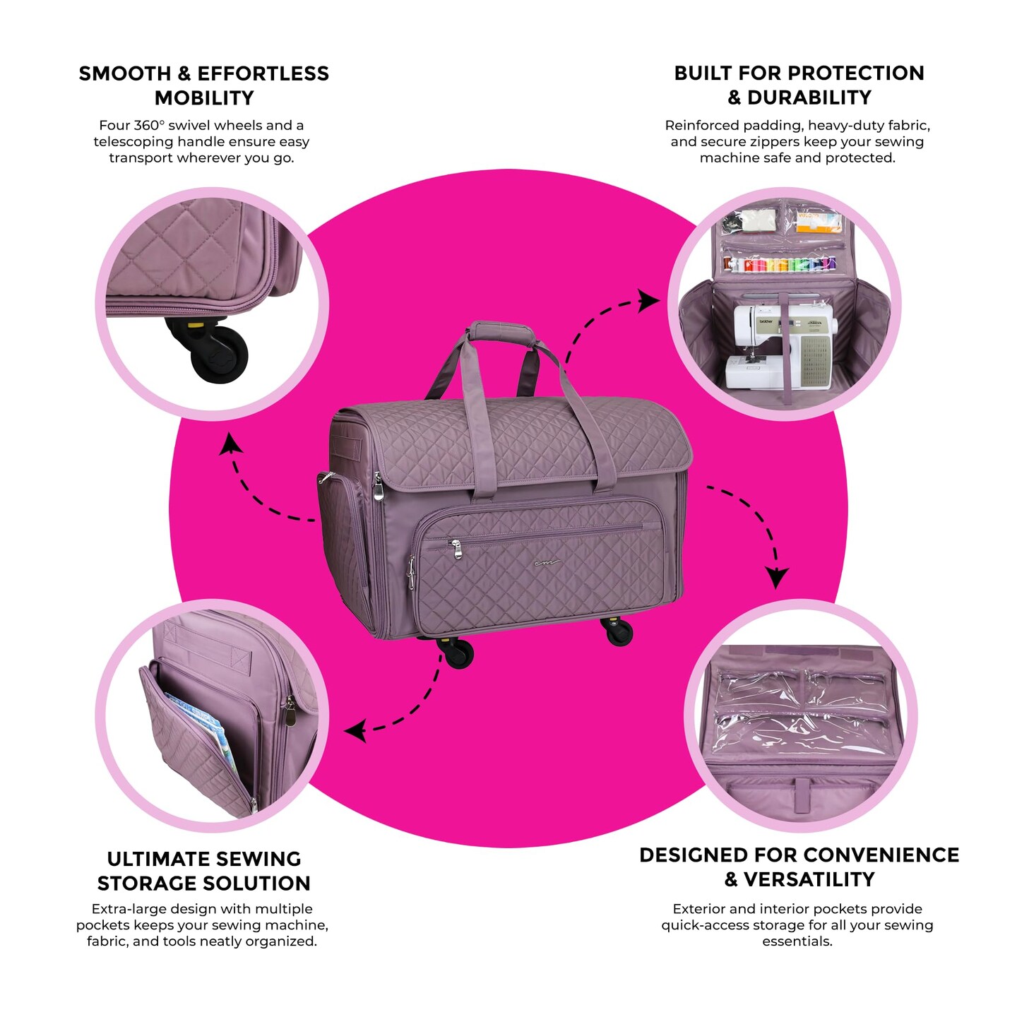 Everything Mary XXL 4 Wheel Collapsible Rolling Sewing Machine Storage Case, Purple Quilted
