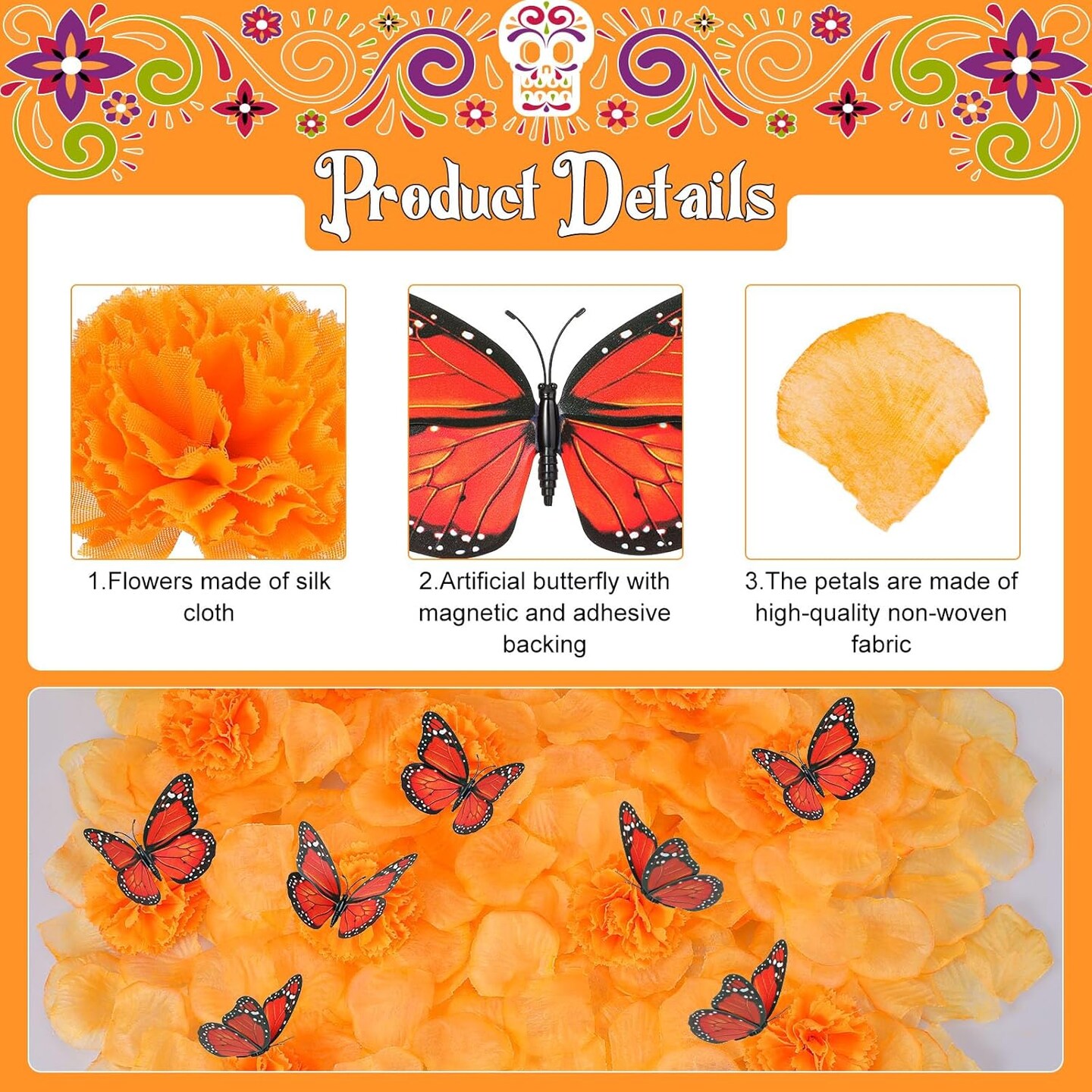 Day of the Dead Decors - 50 Pcs Marigold Flowers, 12 Artificial Butterflies, 500 Orange Flower Petals