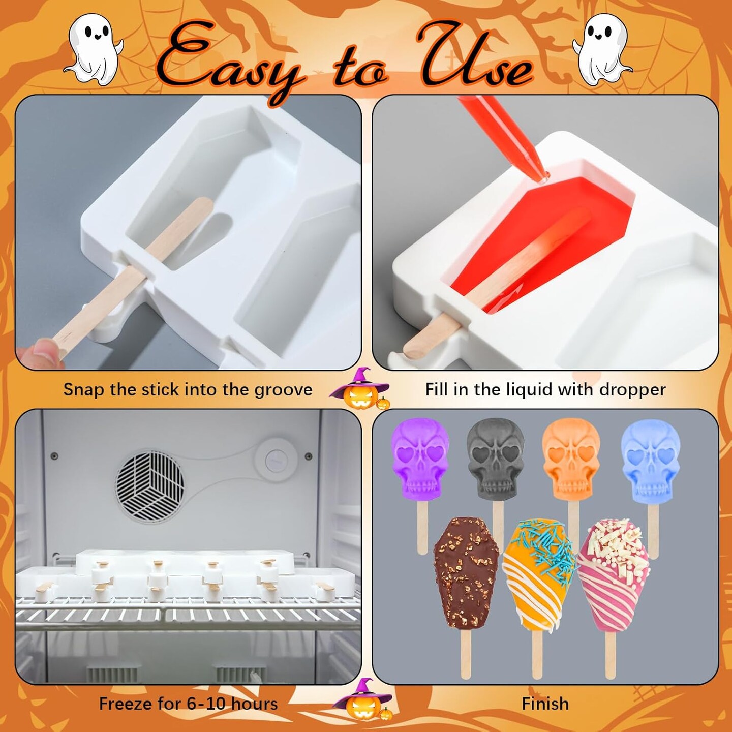 2 Pack Halloween Silicone Ice Cream Mold with 50 Wooden Sticks and 2 Droppers (Coffin, Skull)