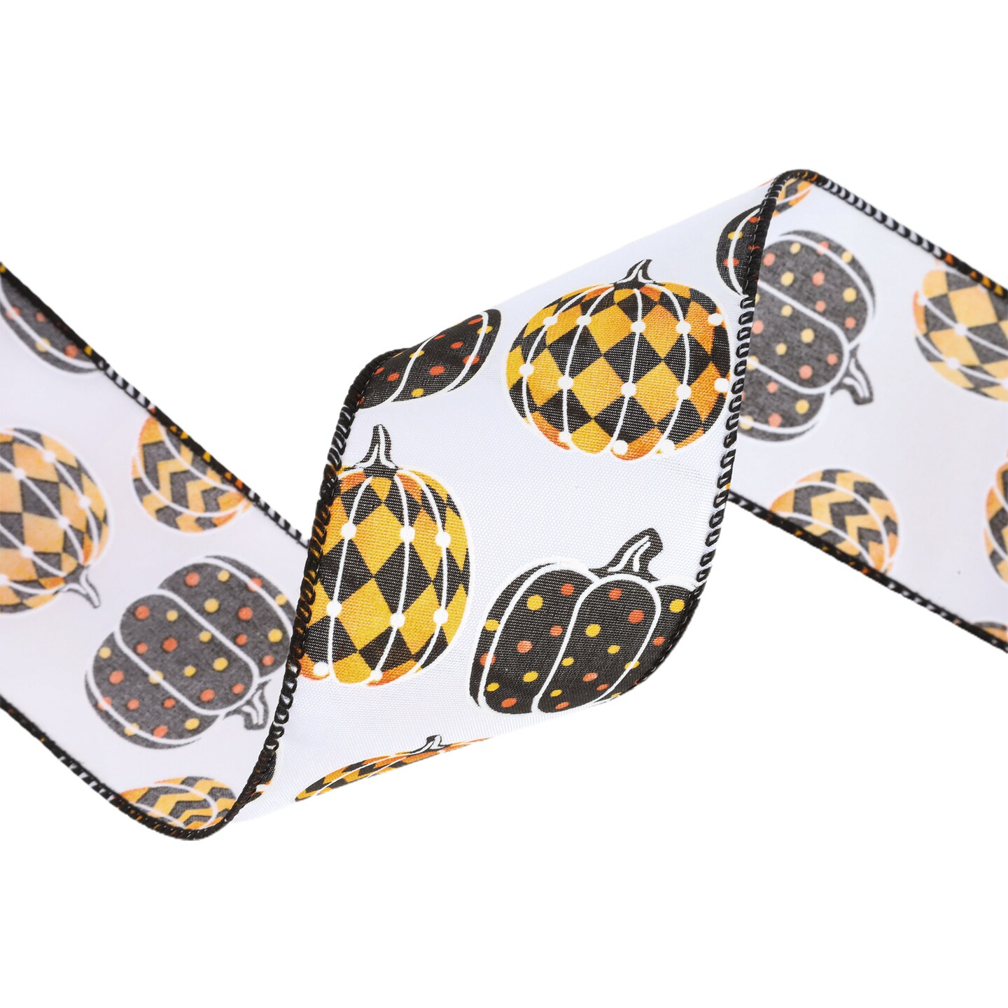 LaRibbons 2 1/2&#x22; Wired Ribbon | Black/Orange Pumpkin on White | 10 Yard Roll