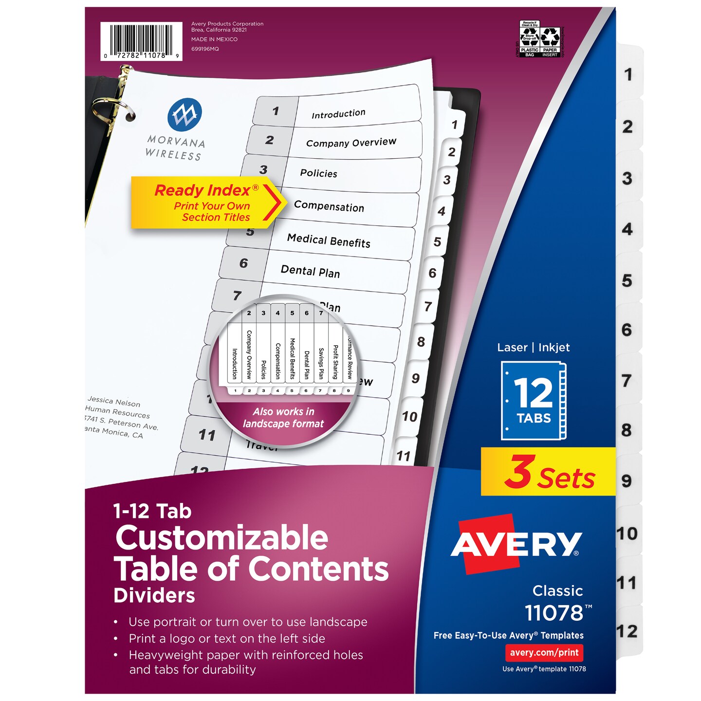 Avery Dividers for 3 Ring Binders, 12 Tabs per Set, Customizable Table of Contents, Classic White Tabs (3 Sets of 11078)
