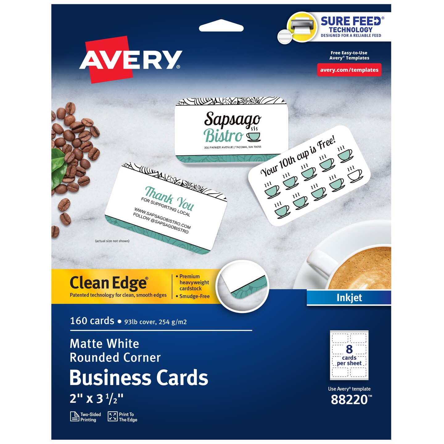 Avery Clean Edge Printable Business Cards with Sure Feed Technology, Rounded Corners, 2&#x22; x 3.5&#x22;, White, 160 Blank Cards for Inkjet Printers (88220)