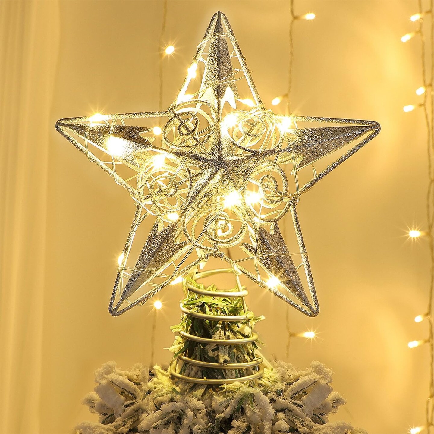 Star Tree Topper with 20 LED Lights, Metal Silver Lighted Treetop Ornaments