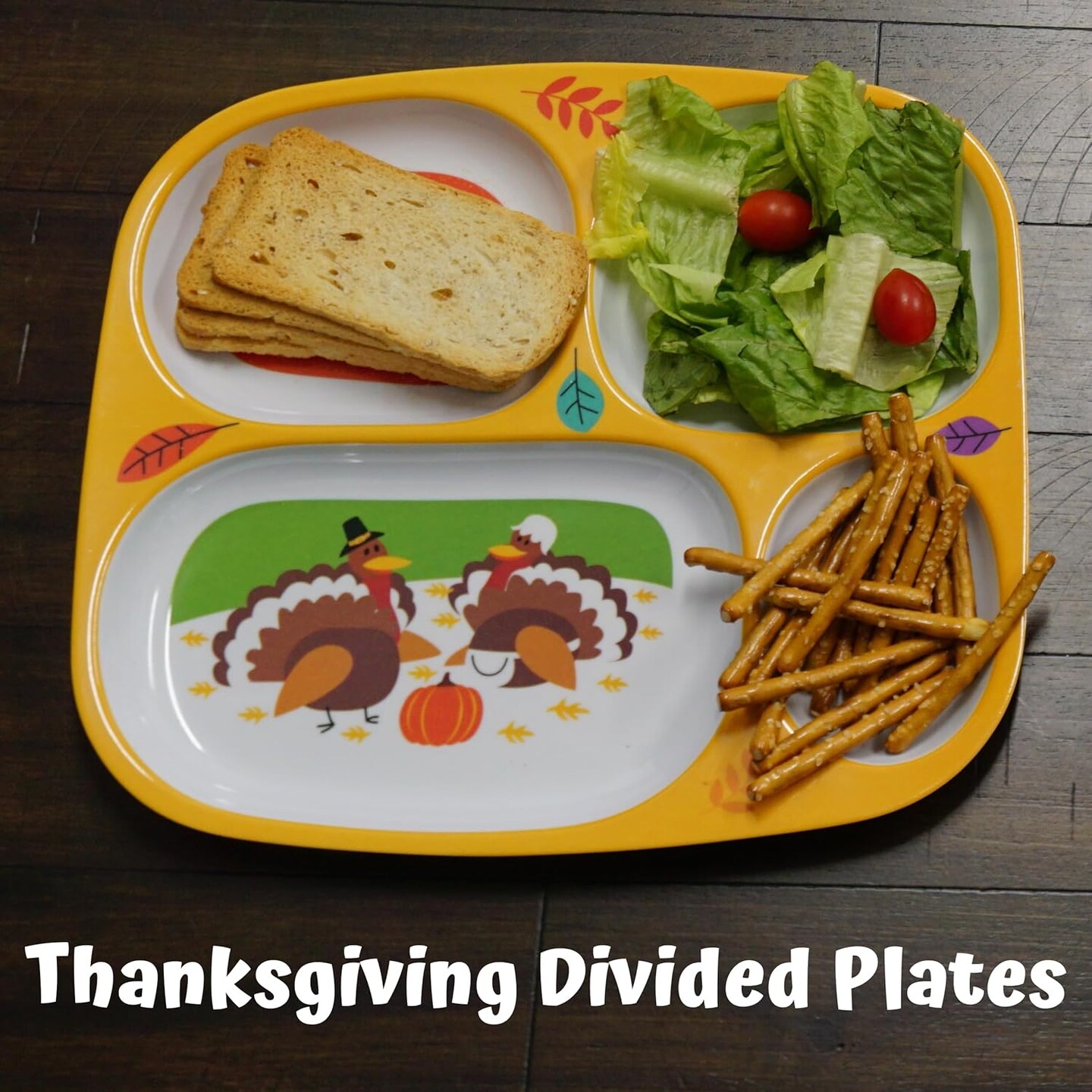 4E's Novelty 4 Pack Fall Thanksgiving Melamine Dinnerware Set for Kids – Sectioned Toddler Plates with Dividers, BPA-Free, Break Resistant, Dishwasher Safe, Autumn Harvest Plates for Toddlers