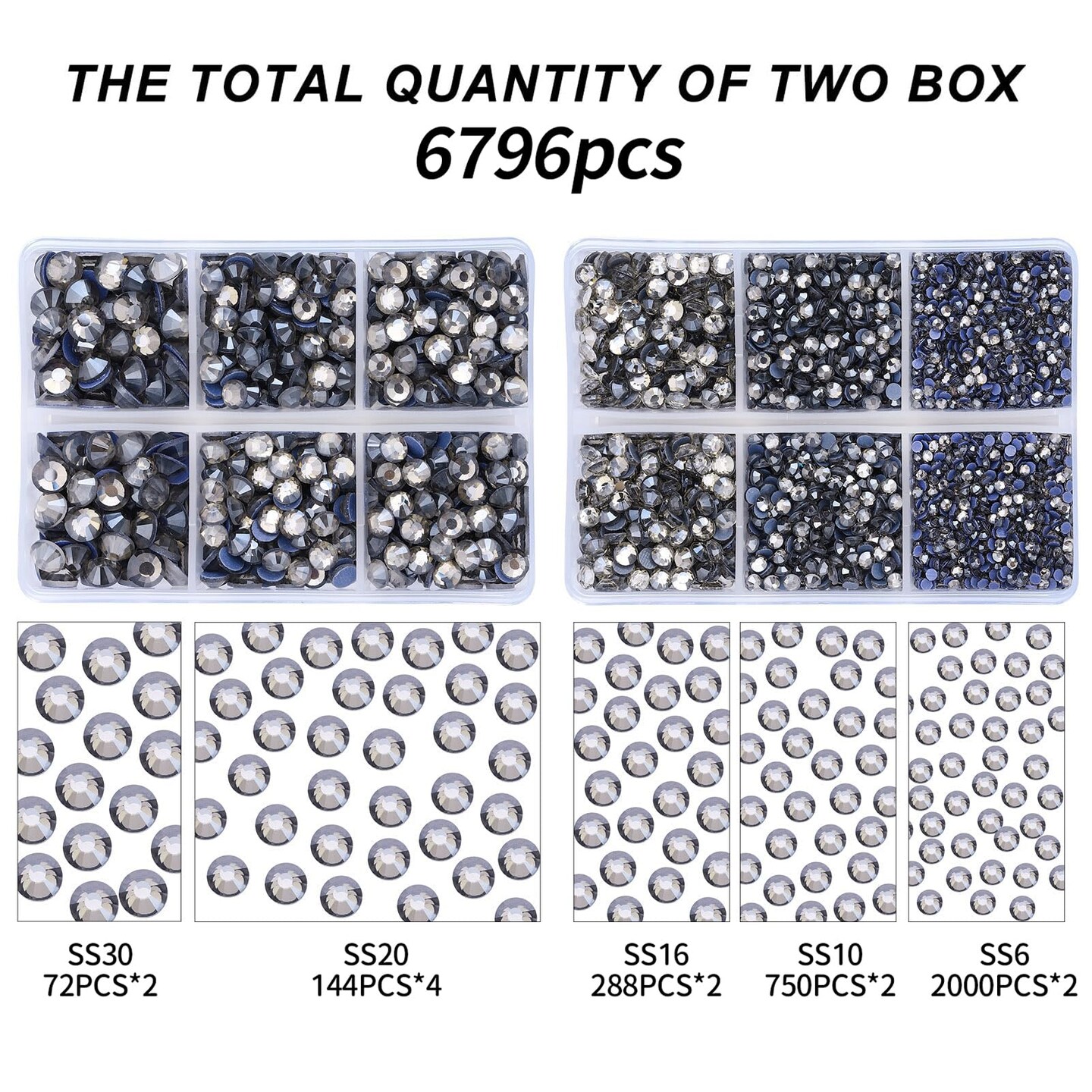 MEIBITE 6796PCS Grey Diamond Hotfix Rhinestones Crystal Stones Glass for Fabric Clothes Shirts Sparkly Flat Back Round with Tweezers and Picking Pen (SS6~SS30 Set)