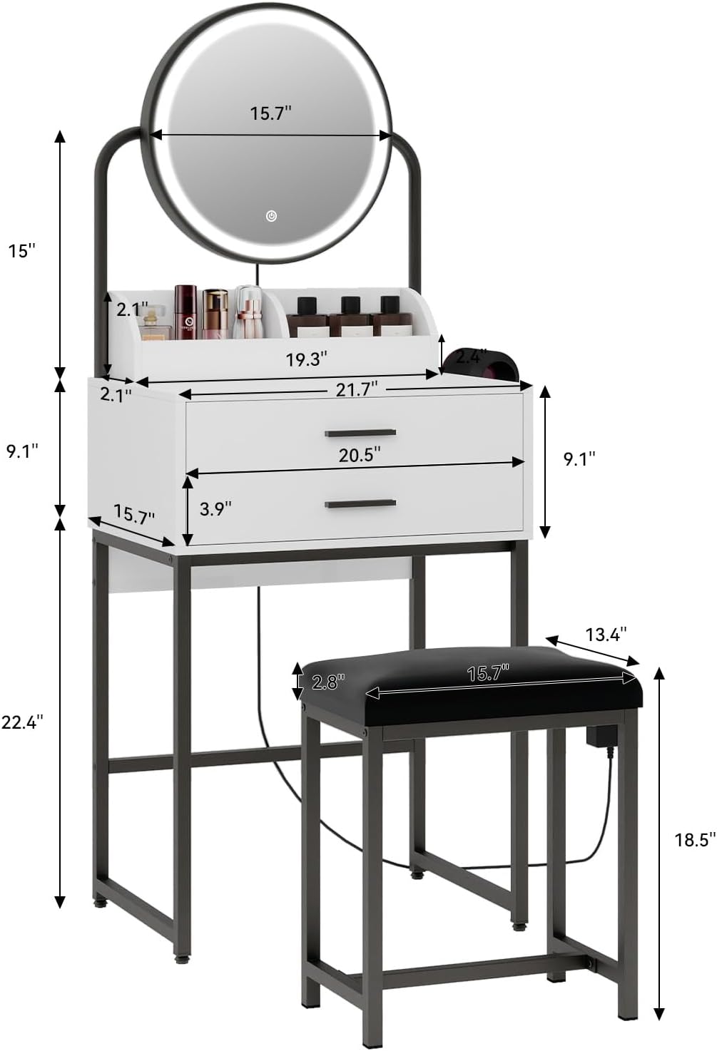 Small Vanity Desk with Lighted Mirror and Lights Compact Makeup Set with Drawers for Bedroom Mini White Modern Dressing Table with Chair