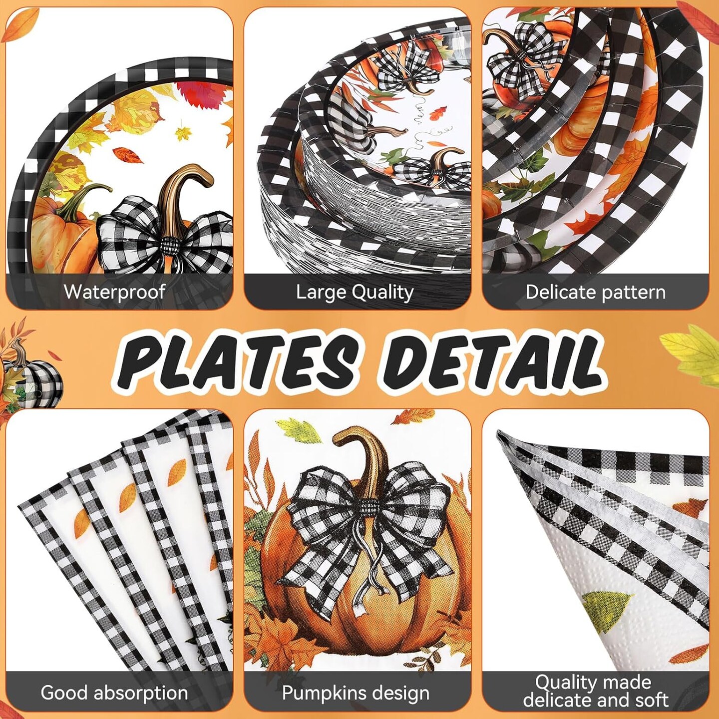 250 Pcs Pumpkin Thanksgiving Paper Plates and Napkins Party Supplies (Orange and Black)