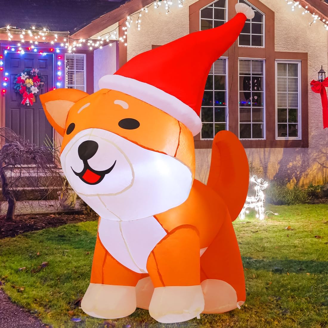 GOOSH 4FT Christmas Inflatables Outdoor Decorations Blow Up Shiba Inu Dog Built-in LEDs