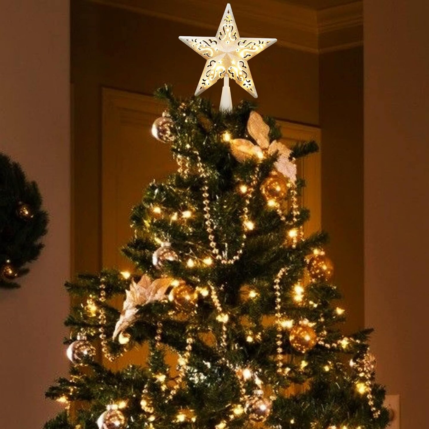 Star Christmas Tree Topper, 8&#x22; Glittered Hollow-Out Tree top Star