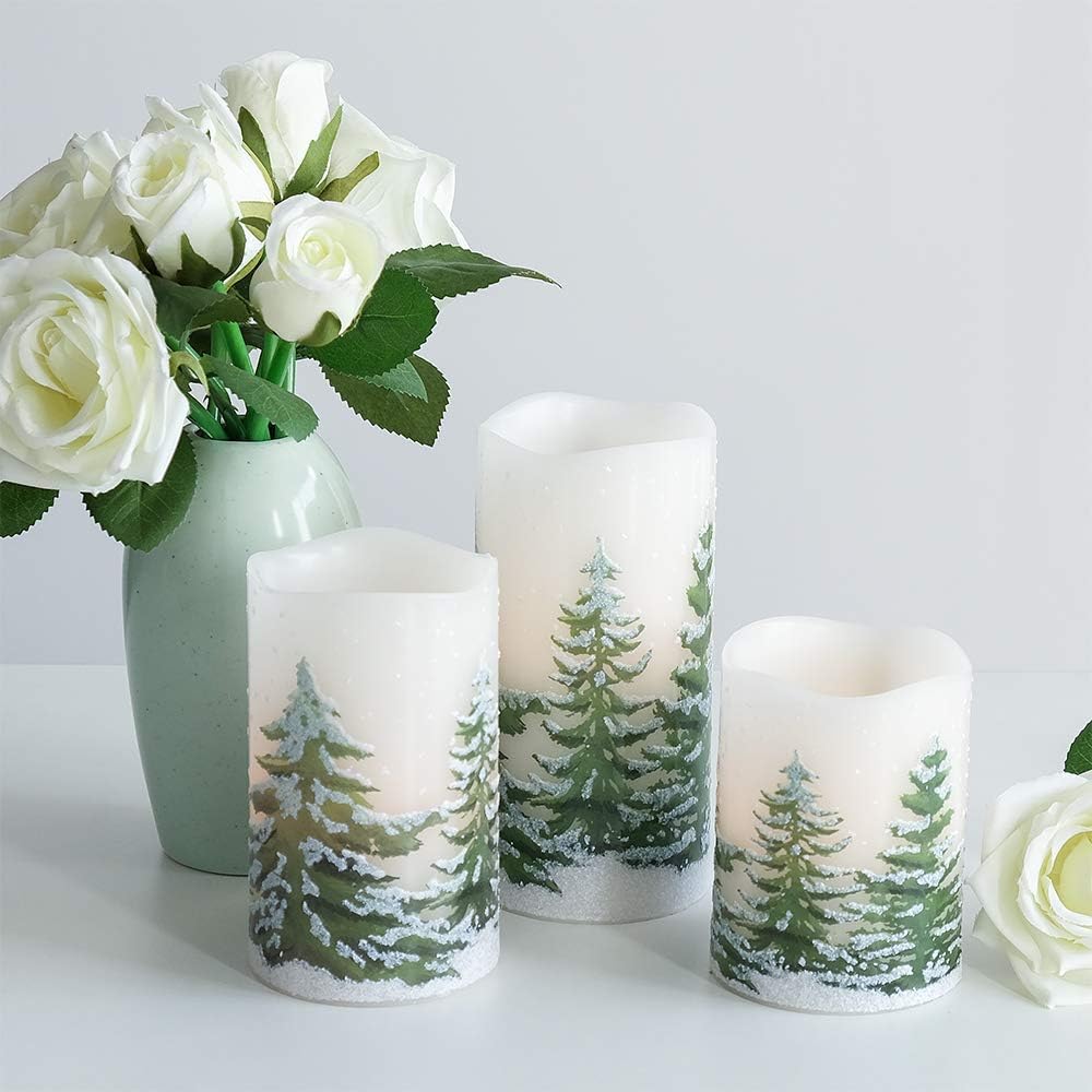 Flickering Flameless Pillar Candles Warm Light Christmas Set of 3(D3 x H4/5/6 Inch)