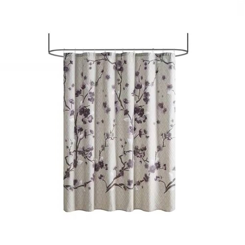 Purple-Grey Beige Cotton Floral Shower Curtain Machine Washable