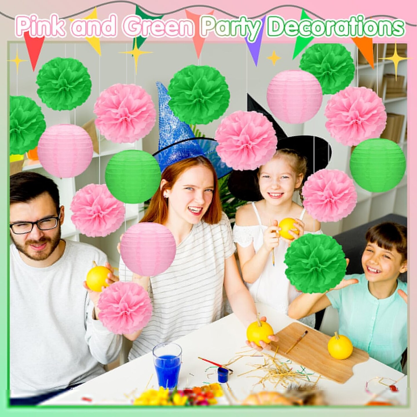 15 Pcs Witch Theme Party Decorations Green and Pink Party Decorations Birthday Tissue Paper Pom Pom Lanterns Supplies for Girls Women Princess Birthday Decor