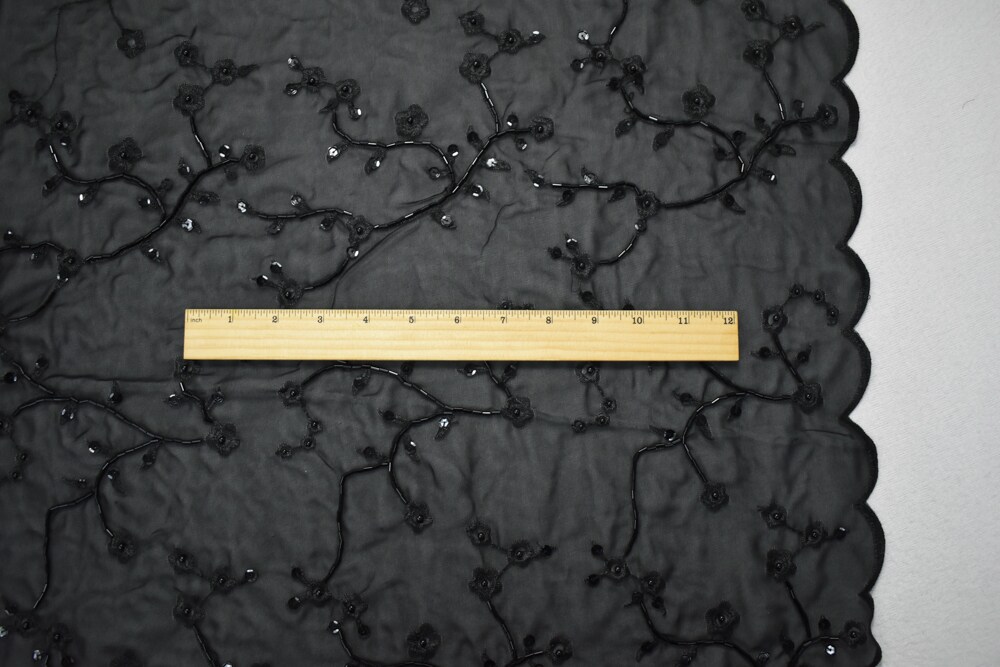 Black Polyester Embroidered Floral Vine Sequin Beaded Chiffon Woven Fabric By the Yard