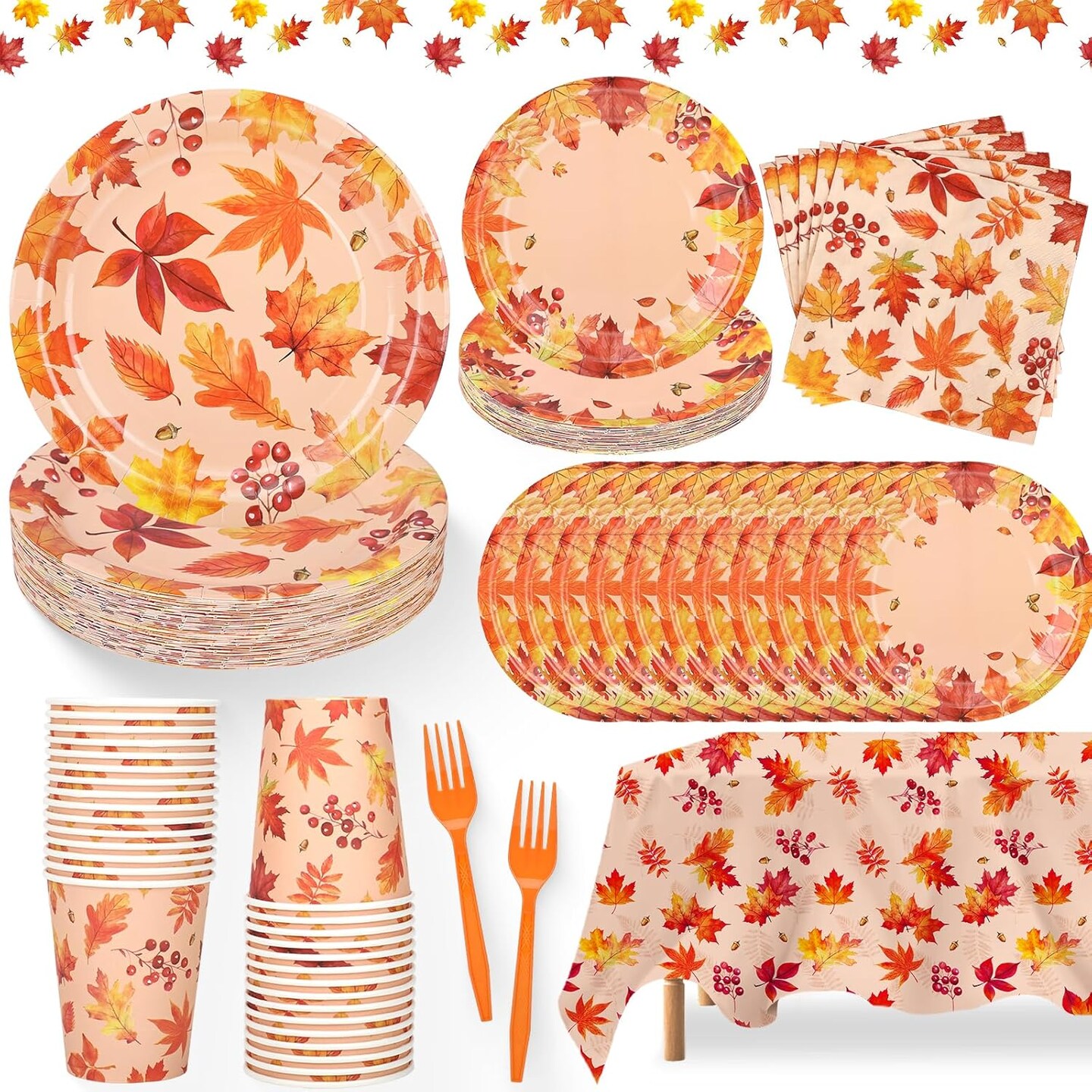 Serves 25 -Thanksgiving Party Supplies, Thanksgiving Paper Plates and Napkins Cups Tablecloth