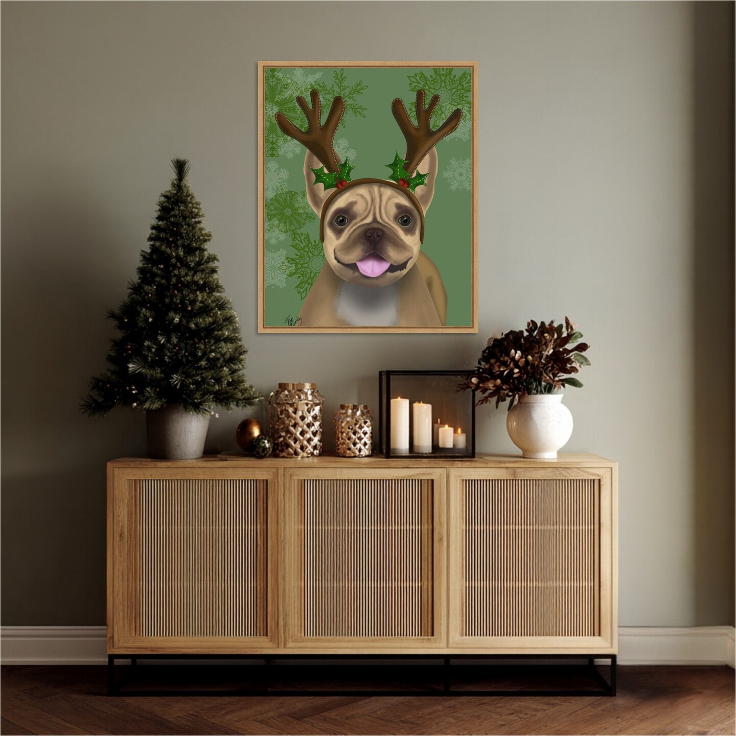 French Bulldog Antlers 1 by Fab Funky 23-in. W x 28-in. H. Canvas Wall Art Print Framed