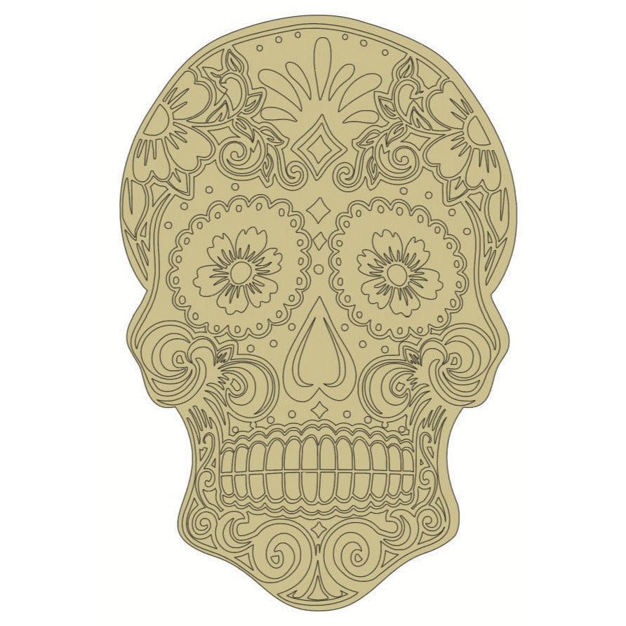 12&#x22; Sugar Skull (Floral Eyes) Wood Cutout - Unfinished Wood