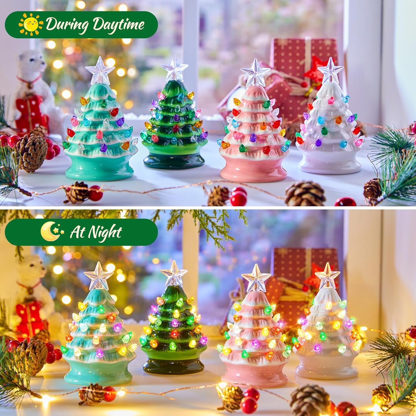 5 Inch Mini Ceramic Christmas Tree(	White + Green + Pink + Light Green)