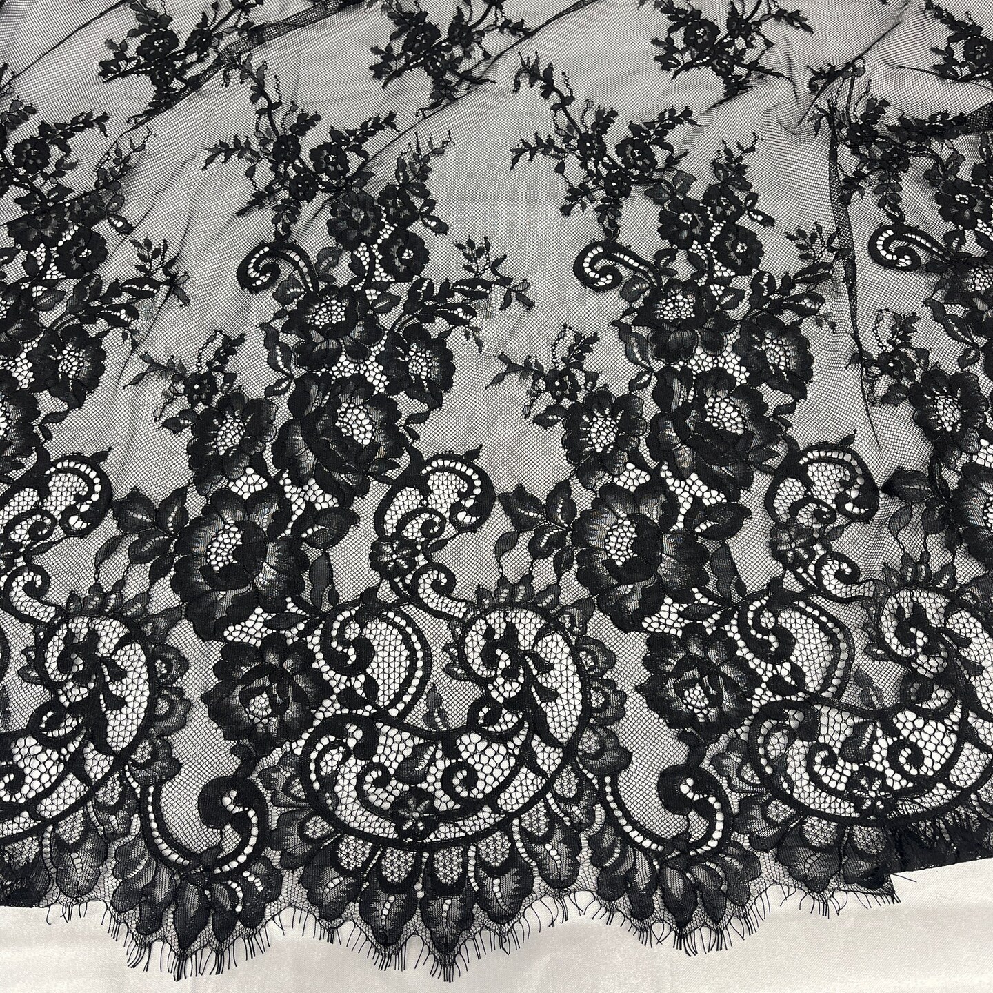 1 Yard Chantilly Embroidered Lace Fabric with Eyelash Scallop, 58&#x22; Wide French Alen&#xE7;on Lace for Bridal &#x26; Evening Wear