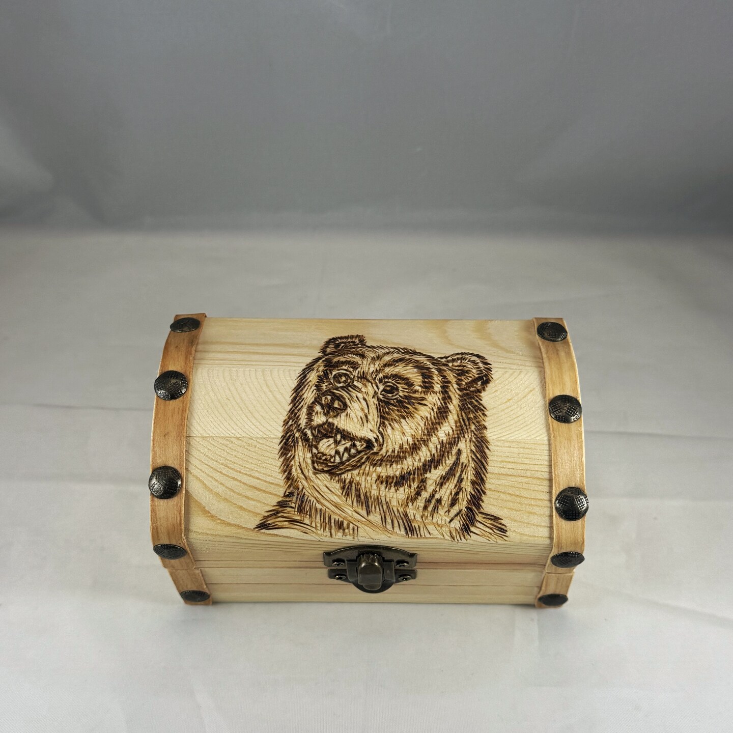 Brown Bear Wood Burned Treasure Chest, Wood Burning Art Pyrography