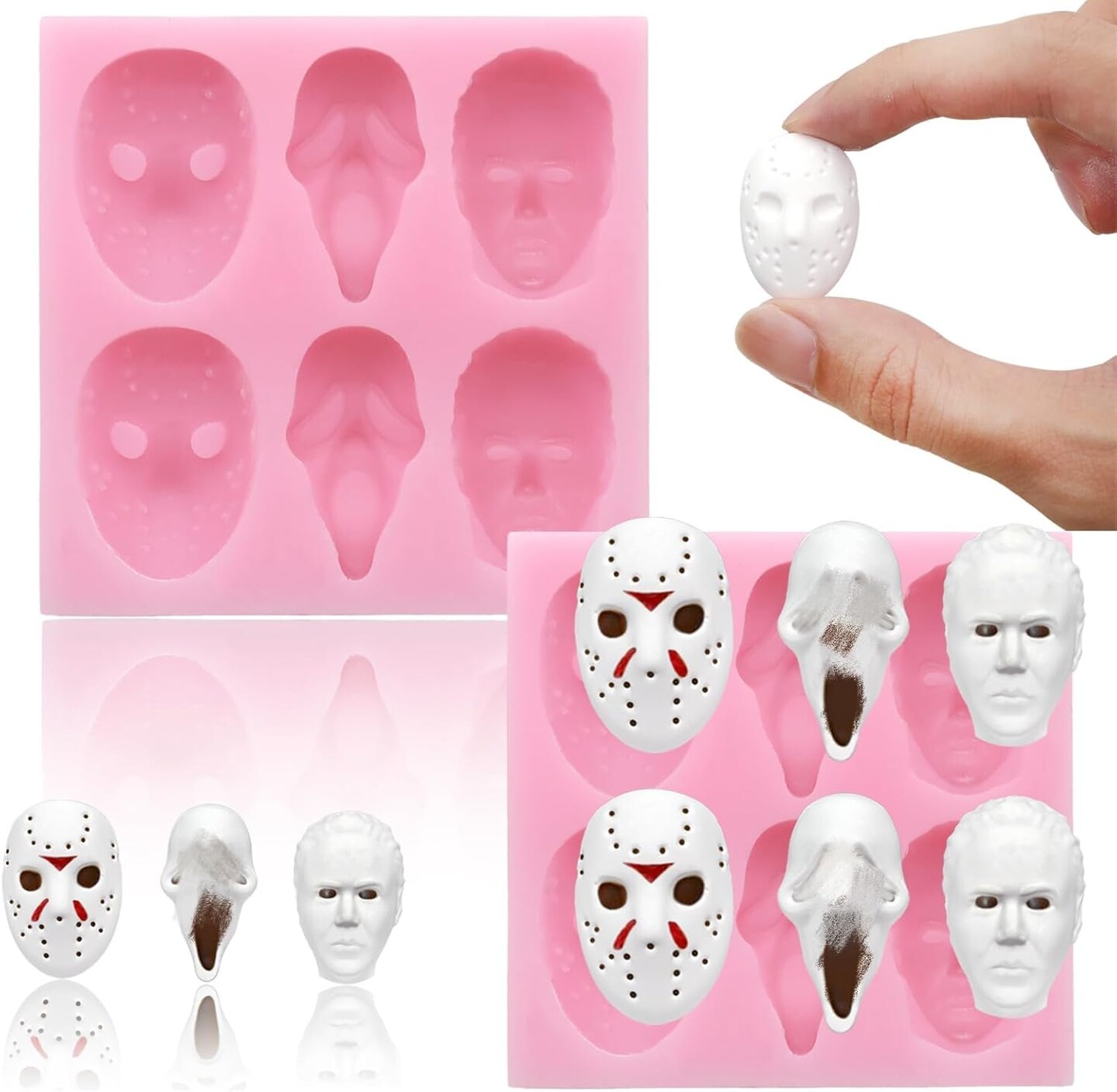 6 Cavities Halloween Large Scary Movie Characters Heads Chocolate Molds,(Pink)