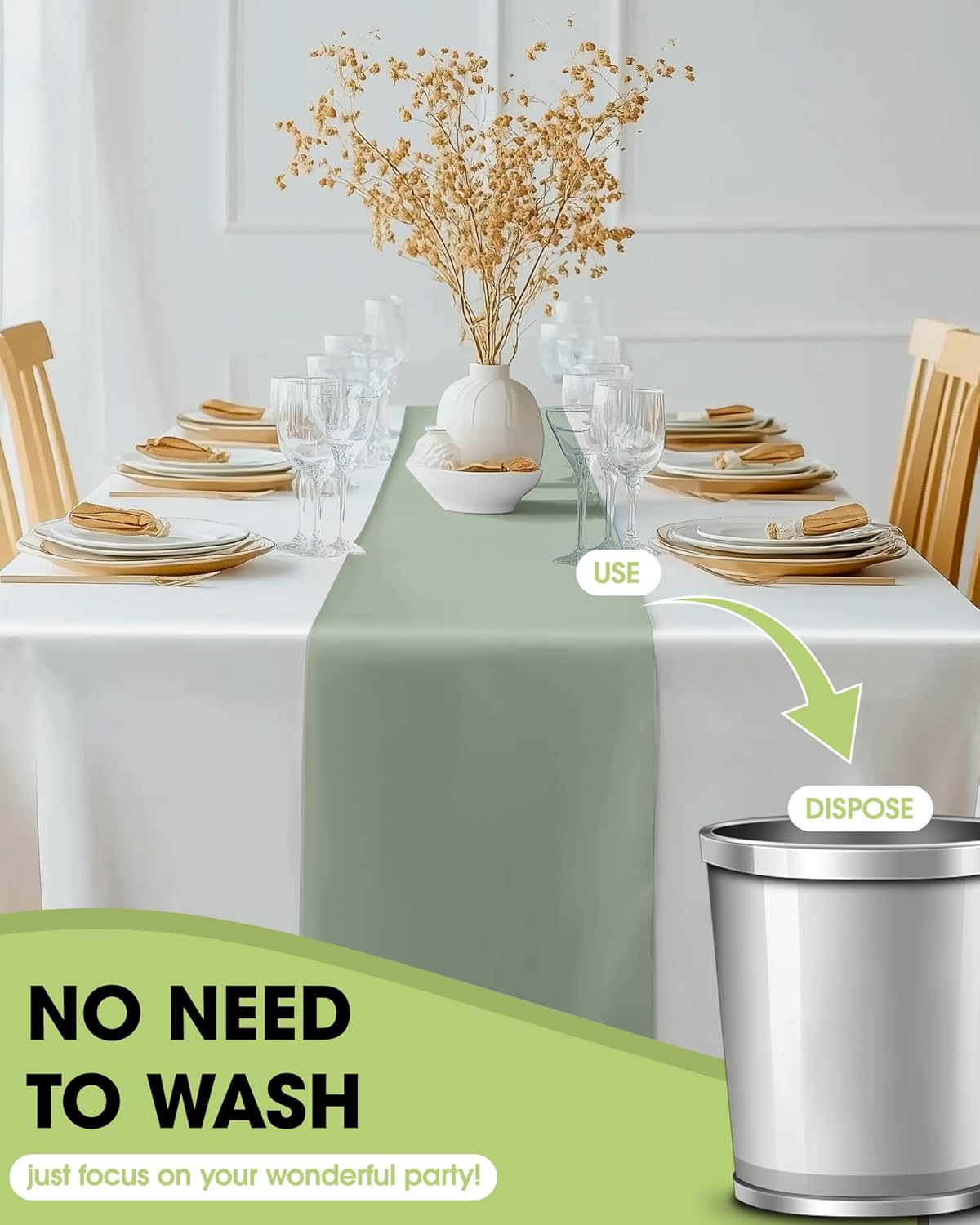 Sage Green Plastic Table Runners - 10 Pack, 14'' x 108'', Water Resistant & Disposable(Sage Green)108"L x 14"W