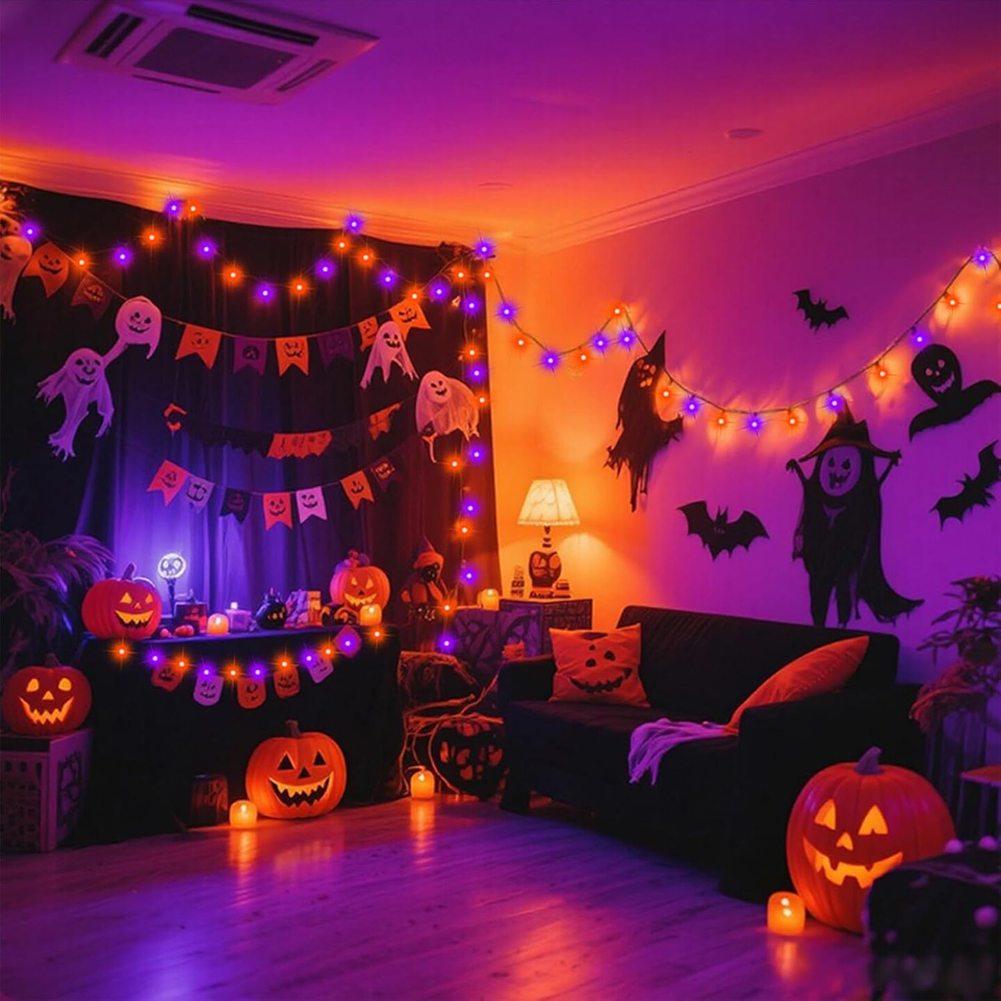 Orange Purple Halloween 33ft 100 LED String Lights Battery Operated (Warm White & Purple Orange)