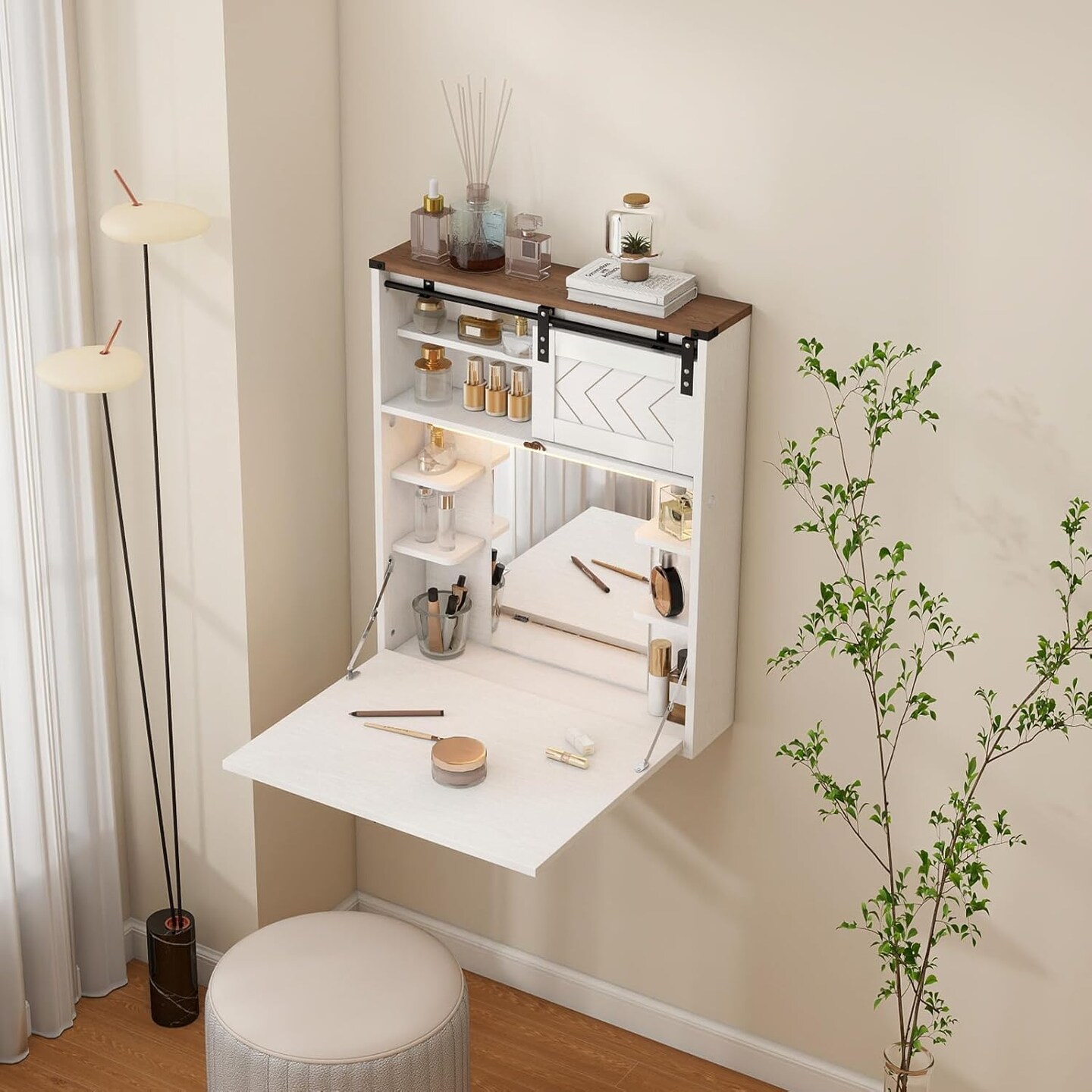 Floating Vanity Desk with Mirror and Lights Small Wall Mounted Makeup Set with Storage White Farmhouse Dressing Table for Tiny