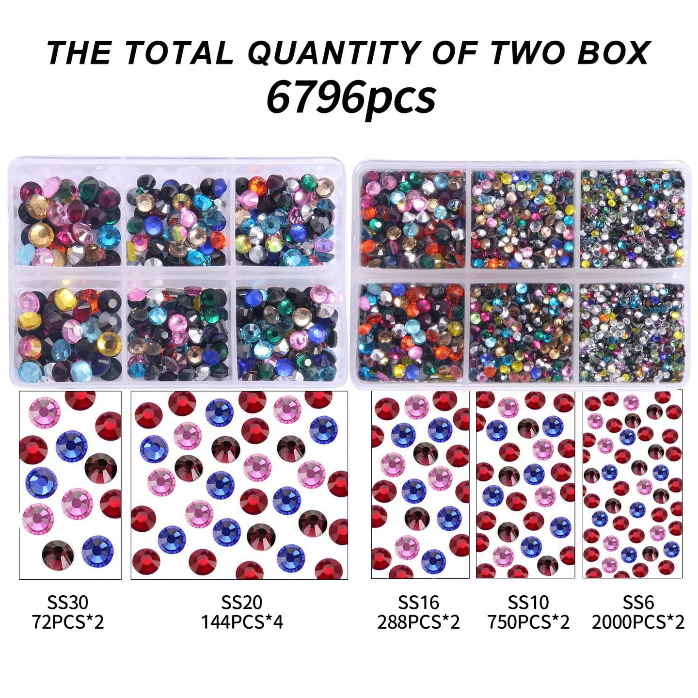 MEIBITE 6796PCS Mix Color Hotfix Rhinestones Crystal Stones Glass for Fabric Clothes Shirts Sparkly Flat Back Round with Tweezers and Picking Pen (SS6~SS30 Set)