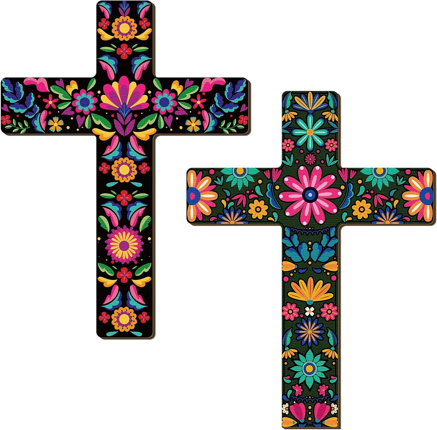 2 Pcs Mexican Cross Wall Decor Floral Day of The Dead Decoration (Floral)