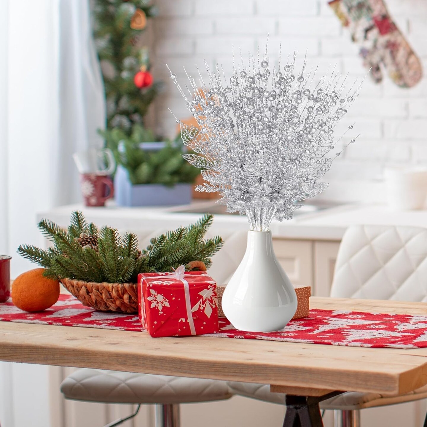 Pack Artificial Glitter Berry and Flowers Stem (Silver)