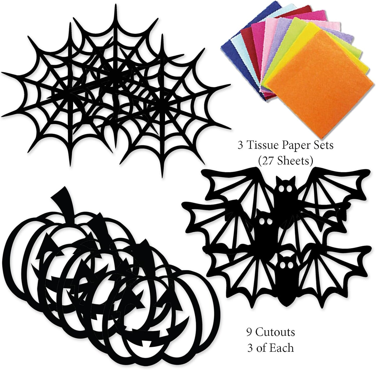 3 Sets Suncatchers Kid Craft with Tissue Papers Stained Glass Effect - 9 Cutouts (Halloween)