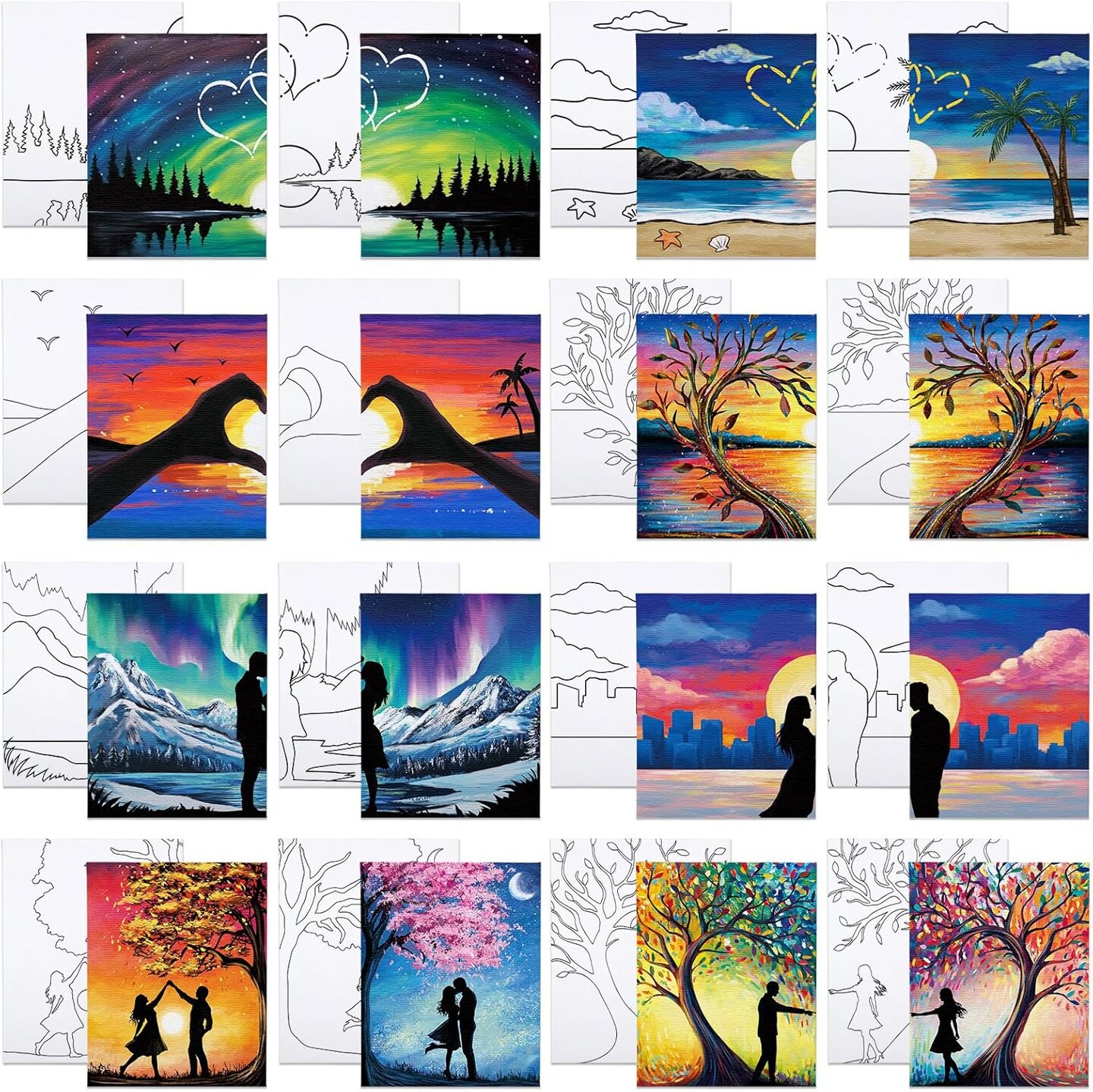 16 Pcs Pre Drawn Canvas for Painting for Adults Sip and Paint Kit Pre Printed Canvas(multicolor)10"L x 8"W