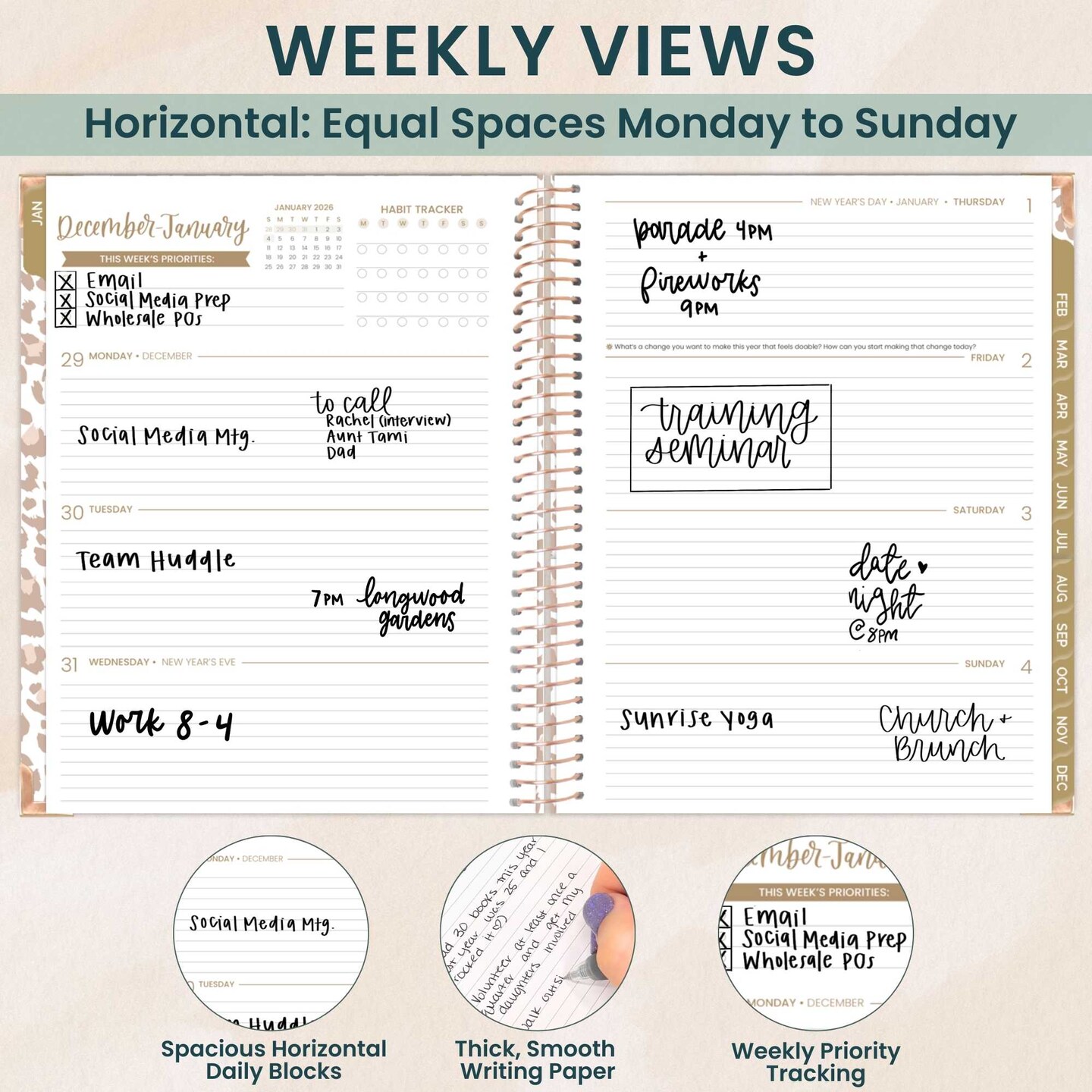 bloom daily planners 2026 Hard Cover Weekly &#x26; Monthly Planner, 8.5&#x22; x 11&#x22;, Tan Leopard