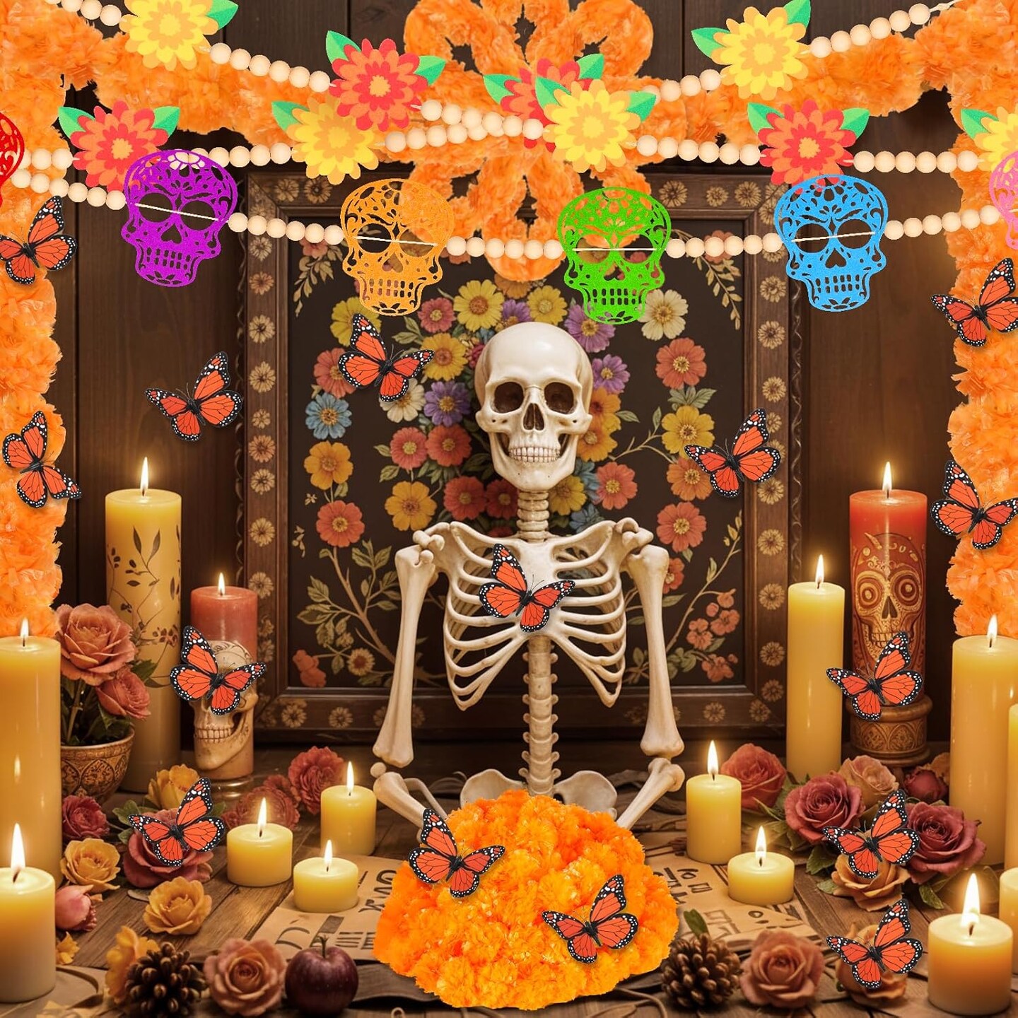 Day of The Dead Decorations Sets 5PCS 5Ft Artificial Marigold Flowers (Orange)