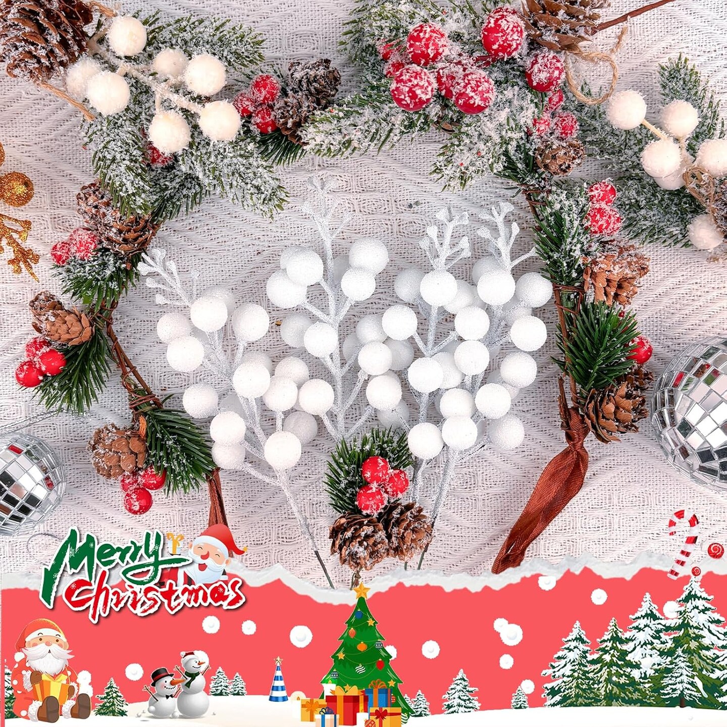 Christmas Glitter Berries Stems (&#x9;White)
