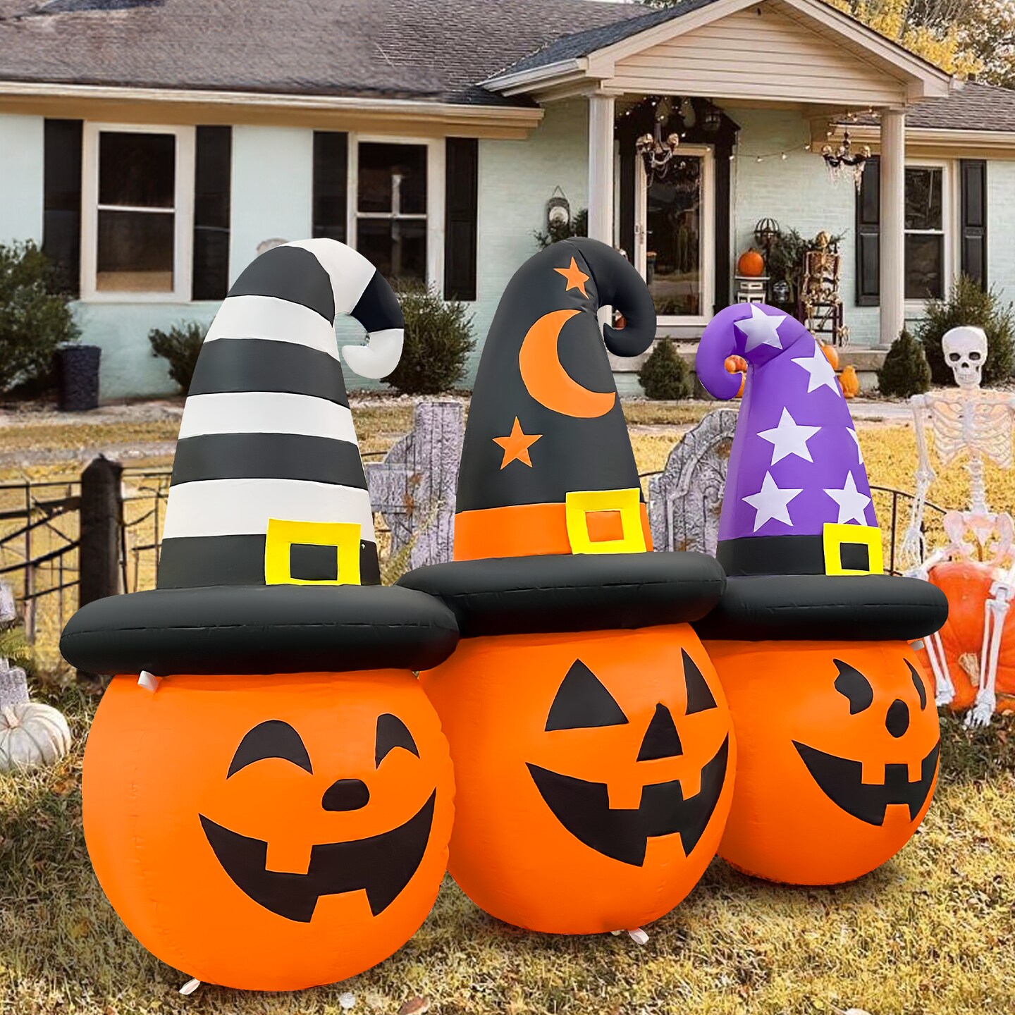 GOOSH 6FT Inflatable Trio of Pumpkins with Witch Hats &#x2013; Light-Up Halloween Yard Decoration
