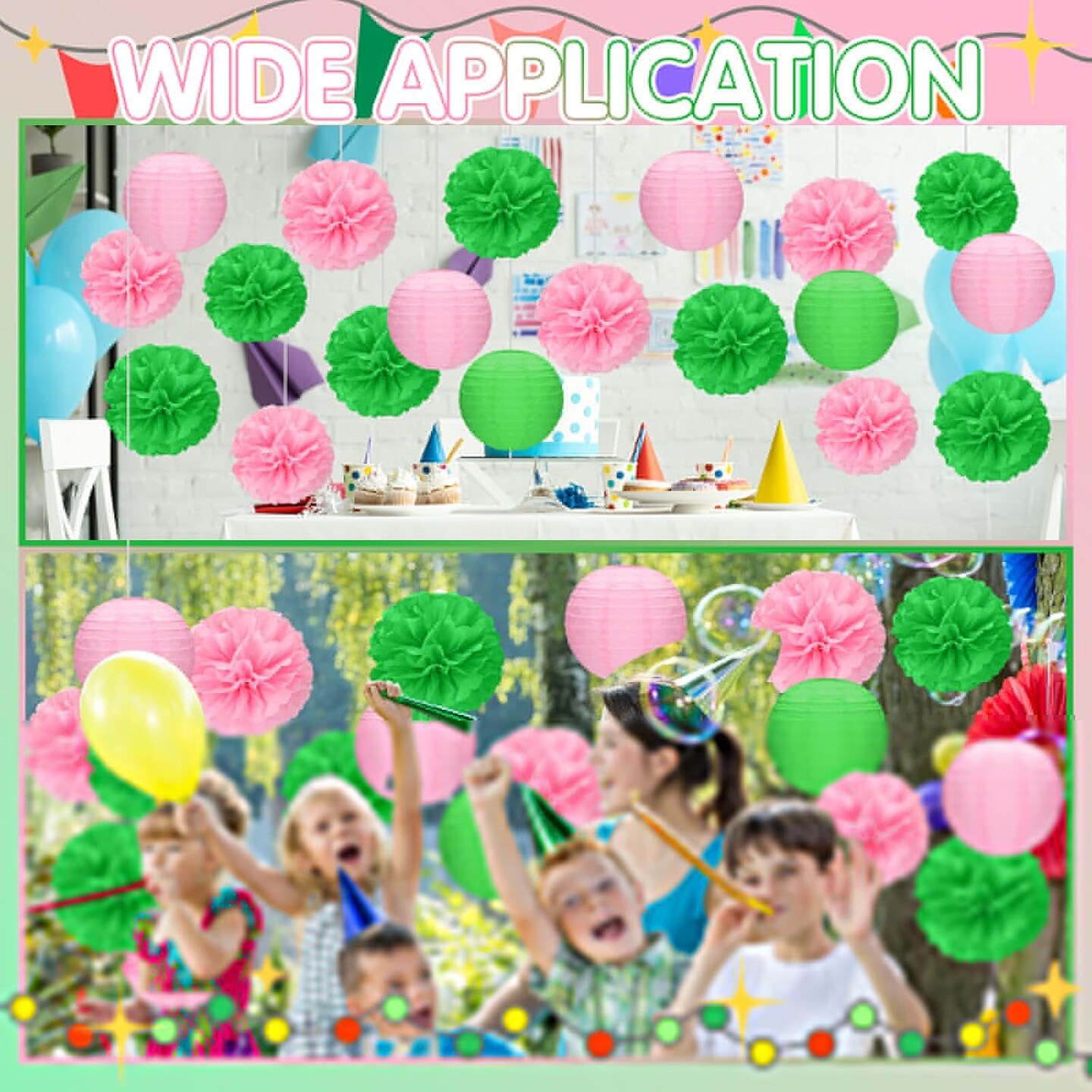15 Pcs Witch Theme Party Decorations Green and Pink Party Decorations Birthday Tissue Paper Pom Pom Lanterns Supplies for Girls Women Princess Birthday Decor