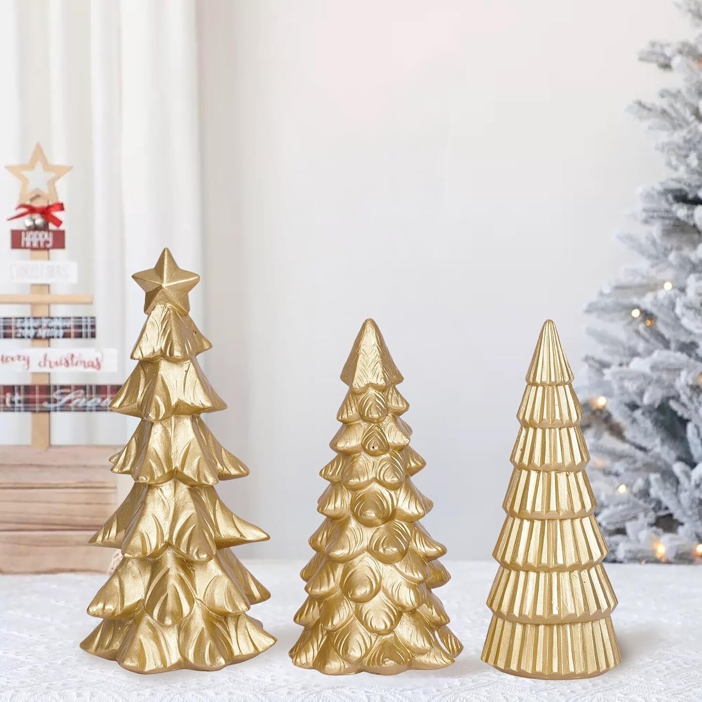 Set of 3 Christmas Tree Figurines Tabletop Decoration (Gold)