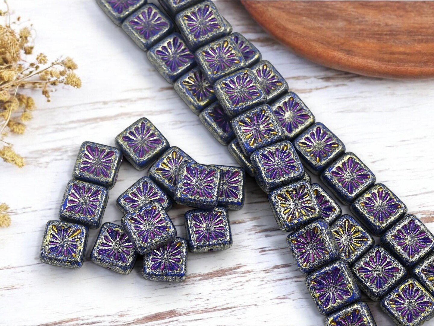 *12* 10mm Metallic Purple Washed Cobalt Blue Starburst Square Beads