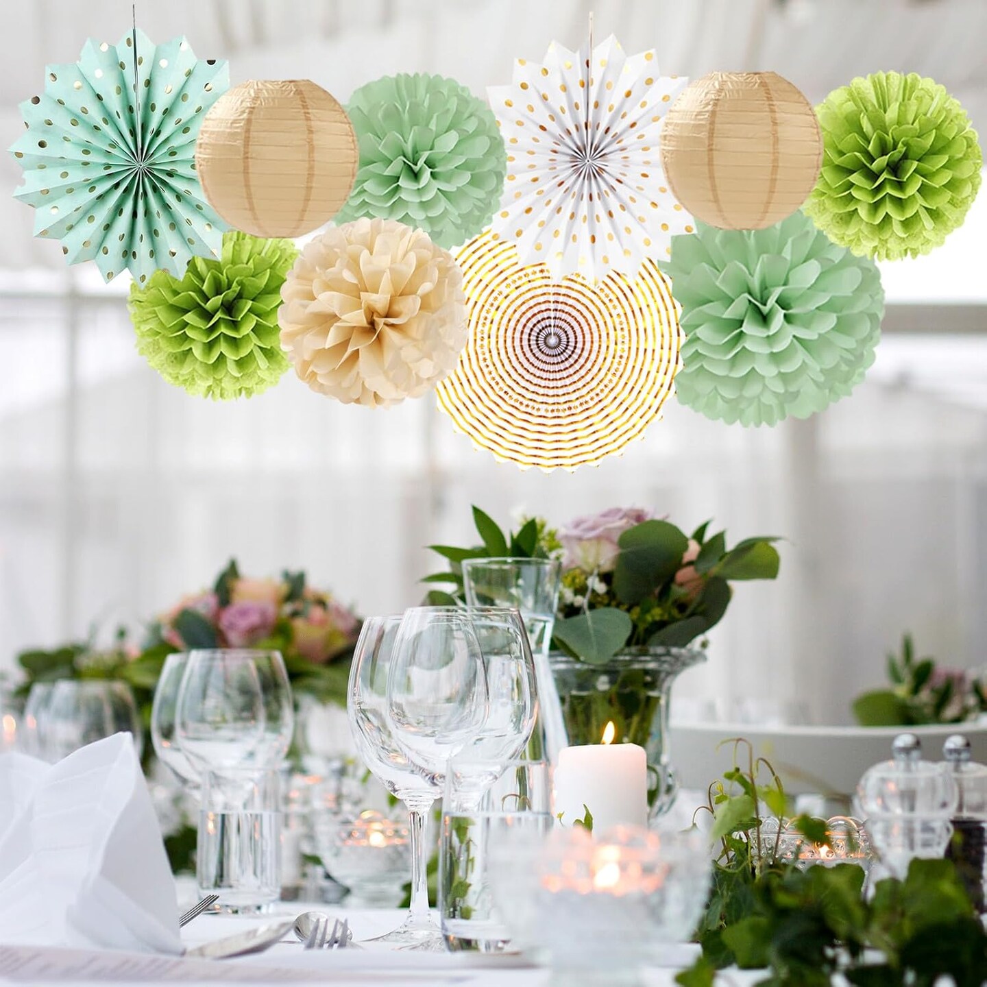 Sage-Olive Green Gold Brown Boho Party-Decorations(Green-white)