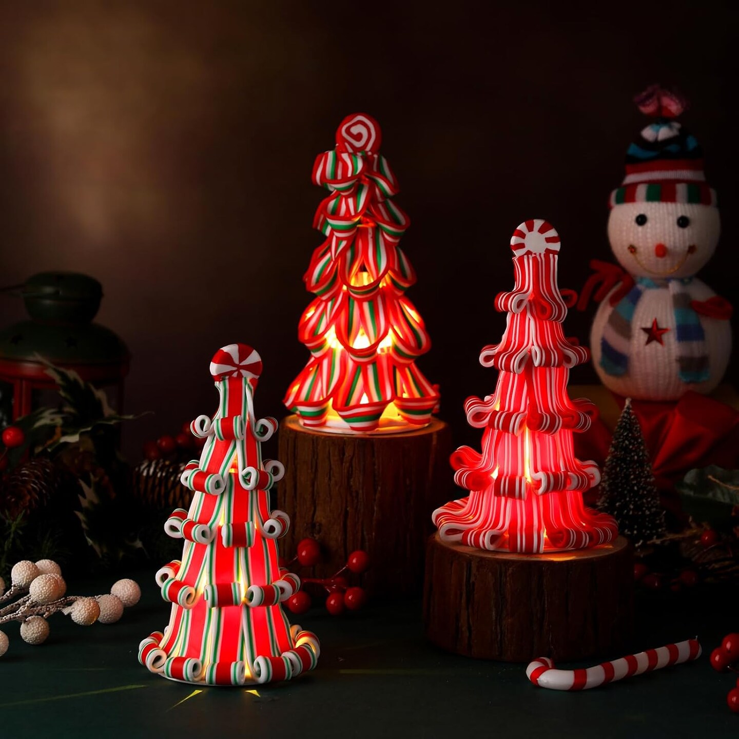 3 Pcs Christmas Ribbon Candy Tree Tabletop Decor - 7 Inches (Red, White, Green)