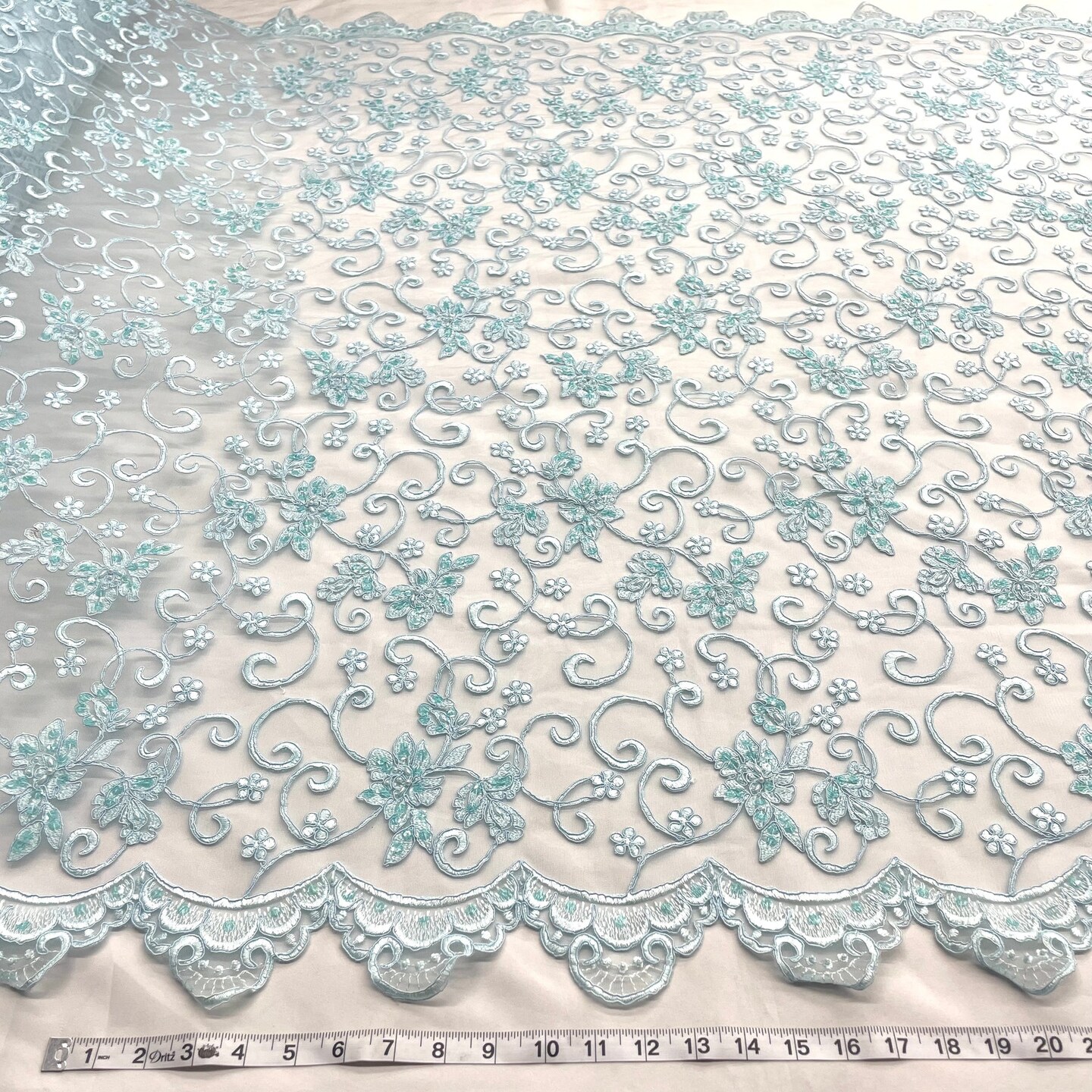 1 Yard Lime Green Beaded & Corded Bridal Lace Fabric Embroidered on Polyester Net Mesh 54 Inch Width