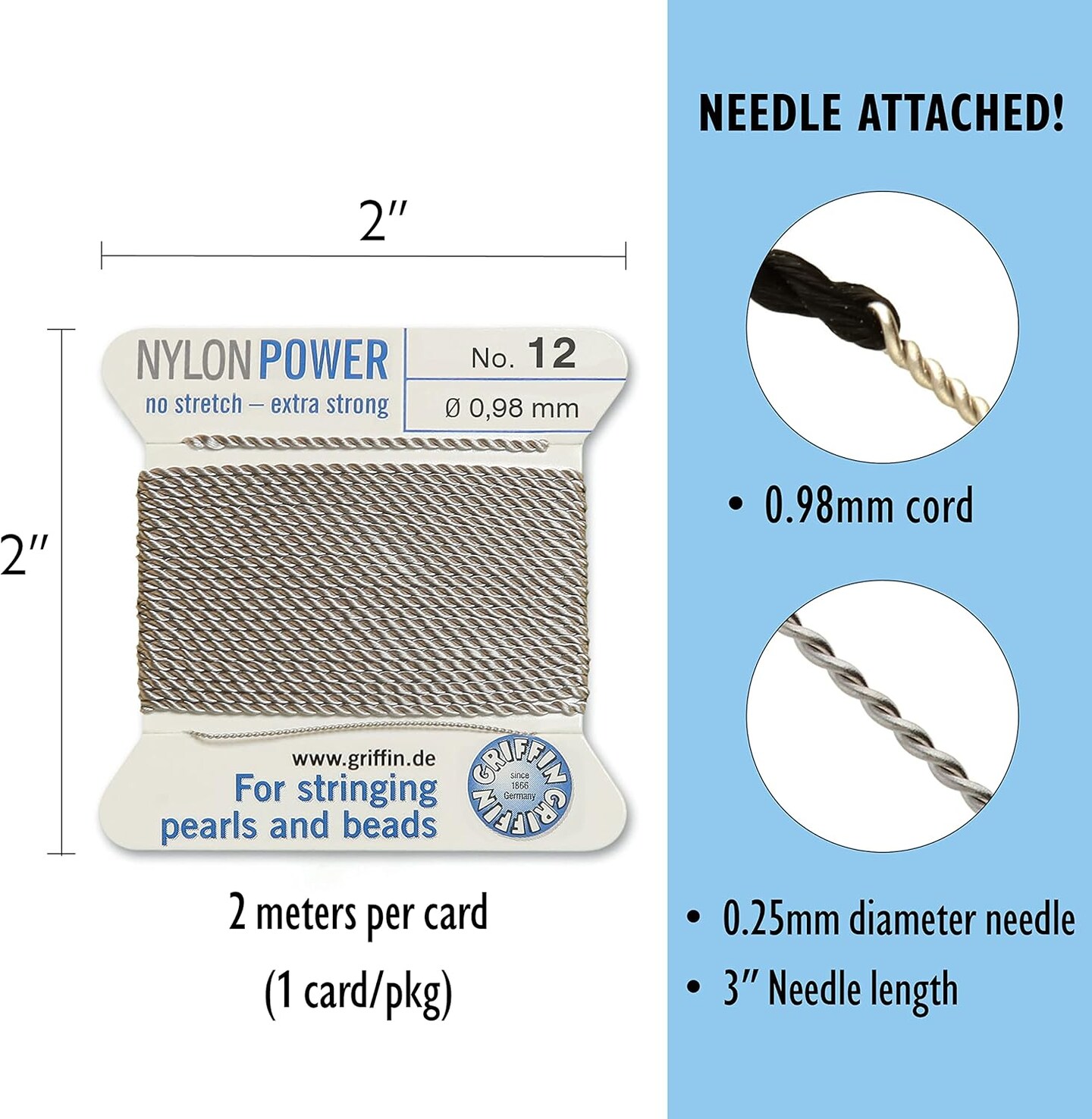 Griffin Nylon Bead Cord Perlseide – Size 12 (0.98mm) – 2 Meters per Card – Stainless Steel Needle Attached – for Knotting Pearls, Gemstones, Crystals and Beads