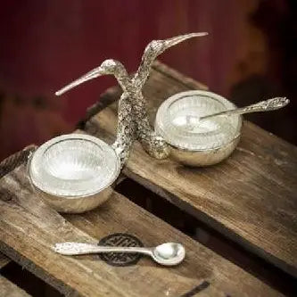 Stork Salt and Pepper Cellar Glass Inserts Silver Spoons Tabletop Serveware