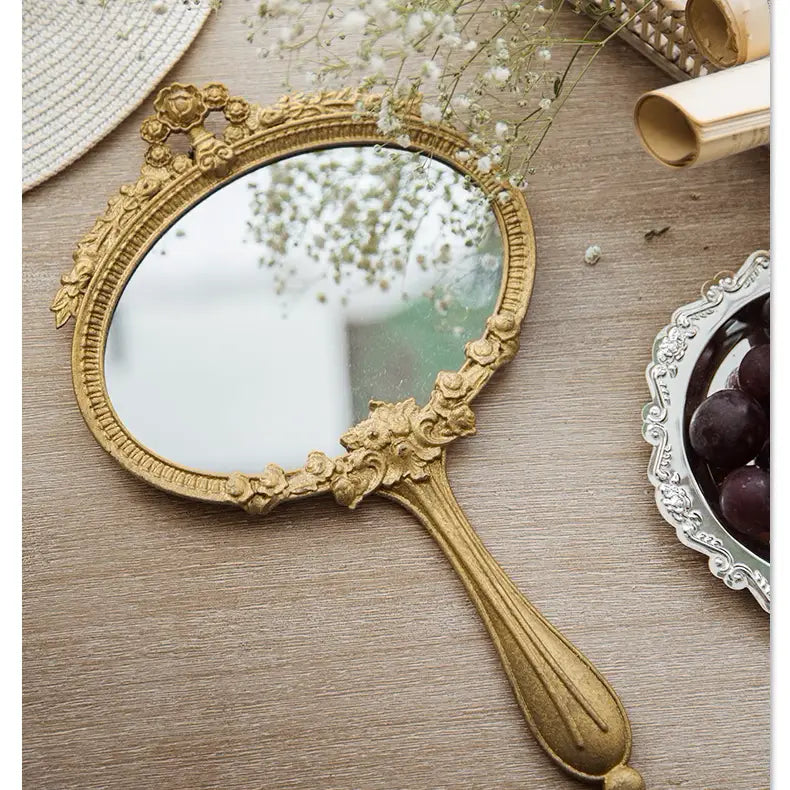 French Vintage Handheld Mirror Carved Design High-Definition Mirror 12.8x7.5