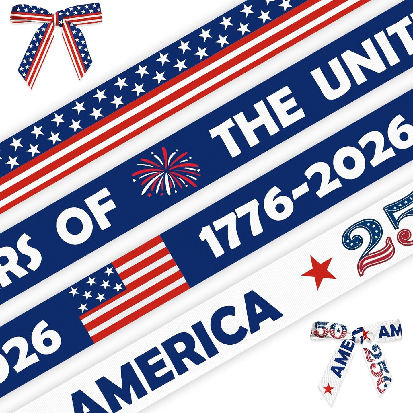 4 Rolls 250th Anniversary USA Patriotic Grosgrain Ribbons – 3/5" x 20 Yards Red, White & Blue 1776-2026 Commemorative Ribbon for Independence Day, Party & Craft Decorations