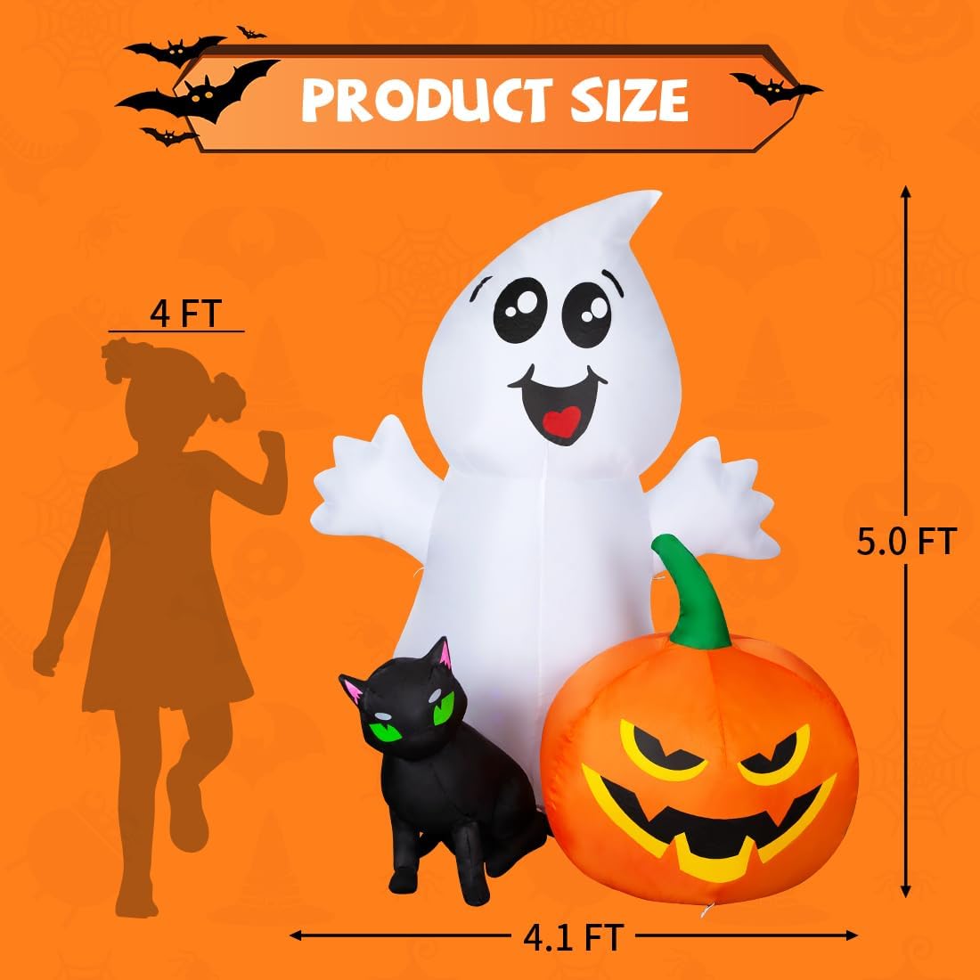 Halloween Inflatable 5FT Ghost with Black Cat and Pumpkin